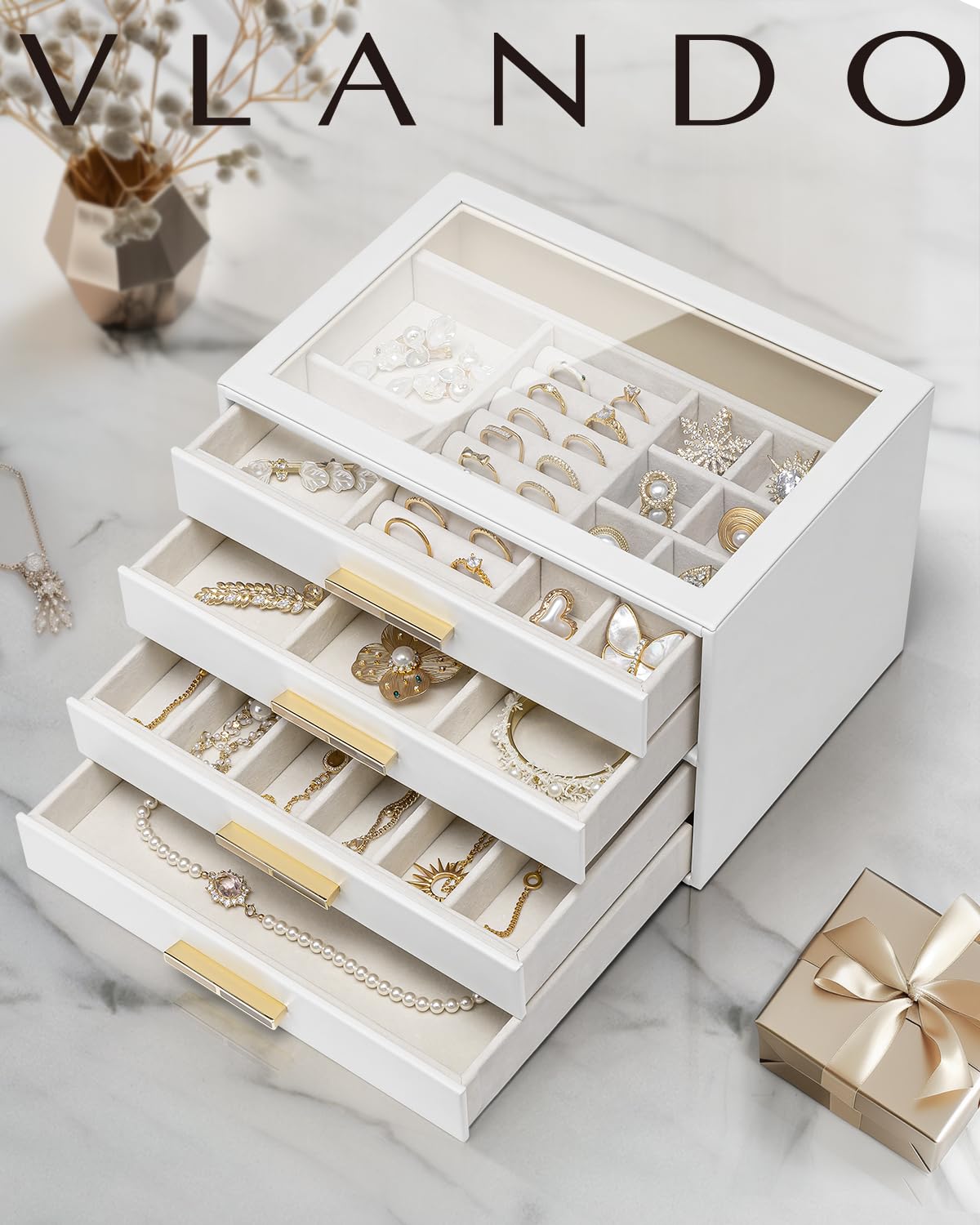 Vlando Joyero grande con 4 niveles, organizador de joyas con tapa de cristal, 4 cajones, para collares, pendientes, relojes, pulseras, almacenamiento de joyas, moderno, Cenicienta Plus, color blanco