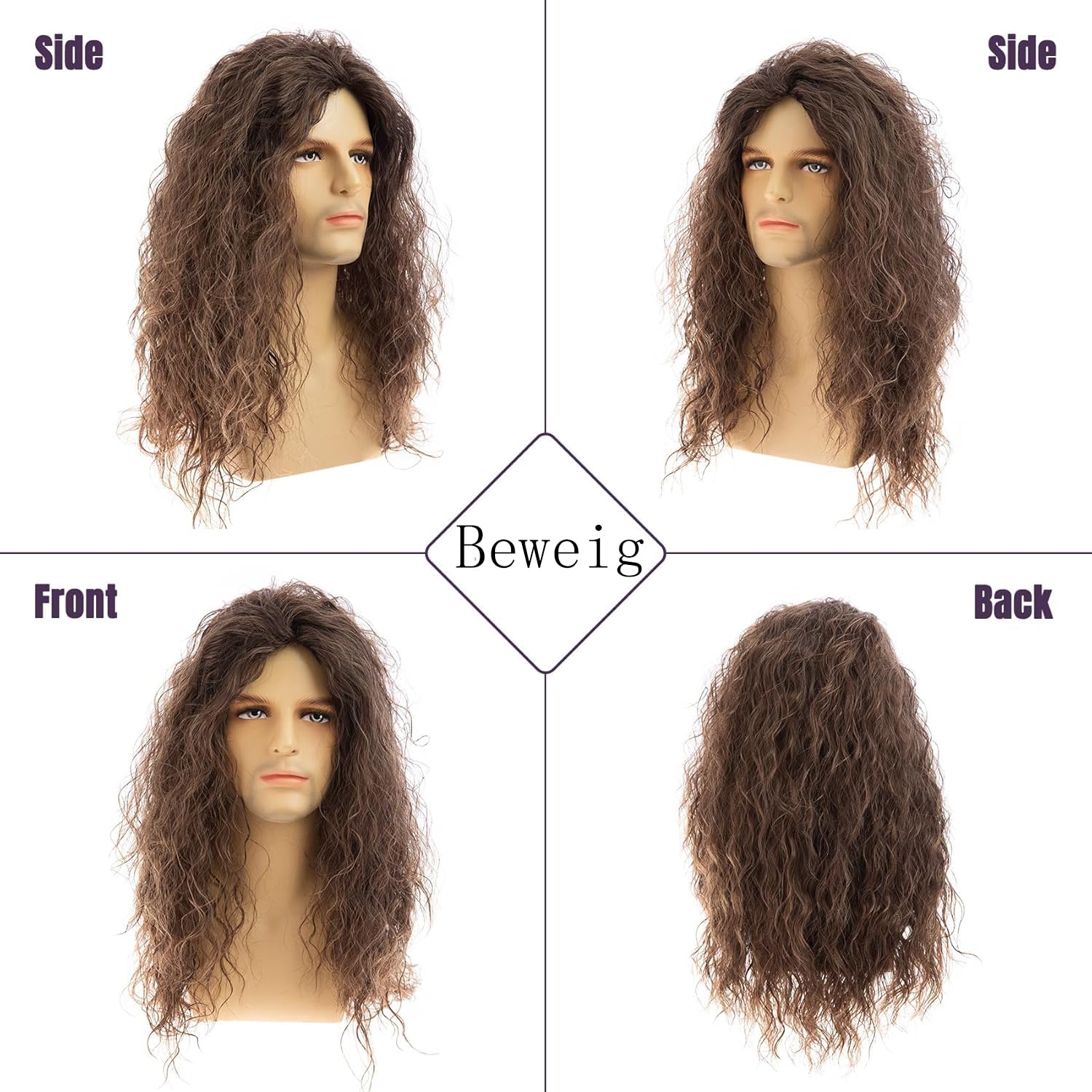 Beweig Mens Wig Long Curly Wavy Brown Synthetic Hair Wig for Cosplay Costume Halloween Party, brown2, 23 cm - Image 4