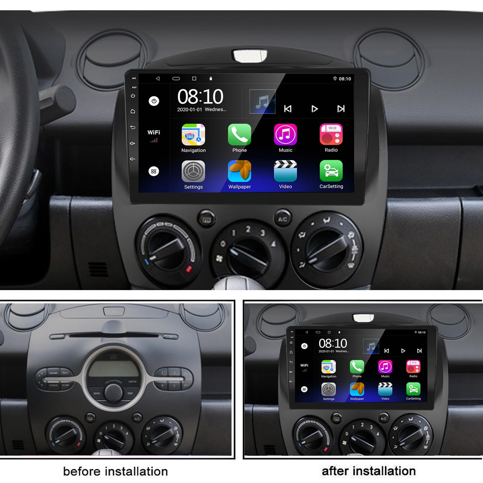 EZoneTronics Android 13 Radio Coche Estéreo para Mazda 2 2008-2014 con Carplay Android Auto Pantalla Táctil de 9 Pulgadas Navegación GPS Bluetooth WiFi USB Mirror Link Volante Control FM/RDS 2G+32G