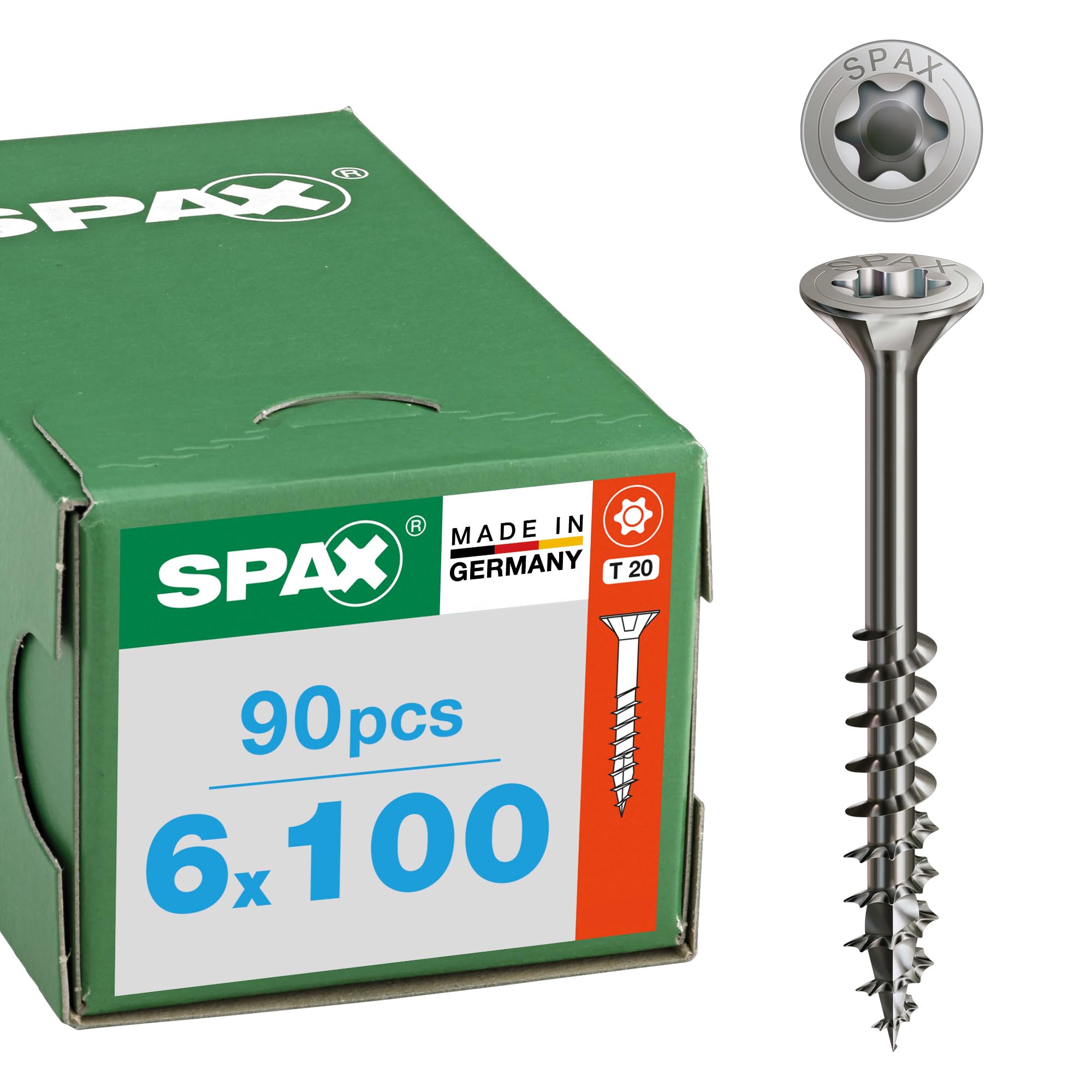SPAX Tornillo de Acero Inoxidable A2 6 x 100 mm T30, 90 pzas. | Cabeza avellanada MULTI con rosca parcial, punta 4CUT y perfil ondulado para madera en exterior y jardín.