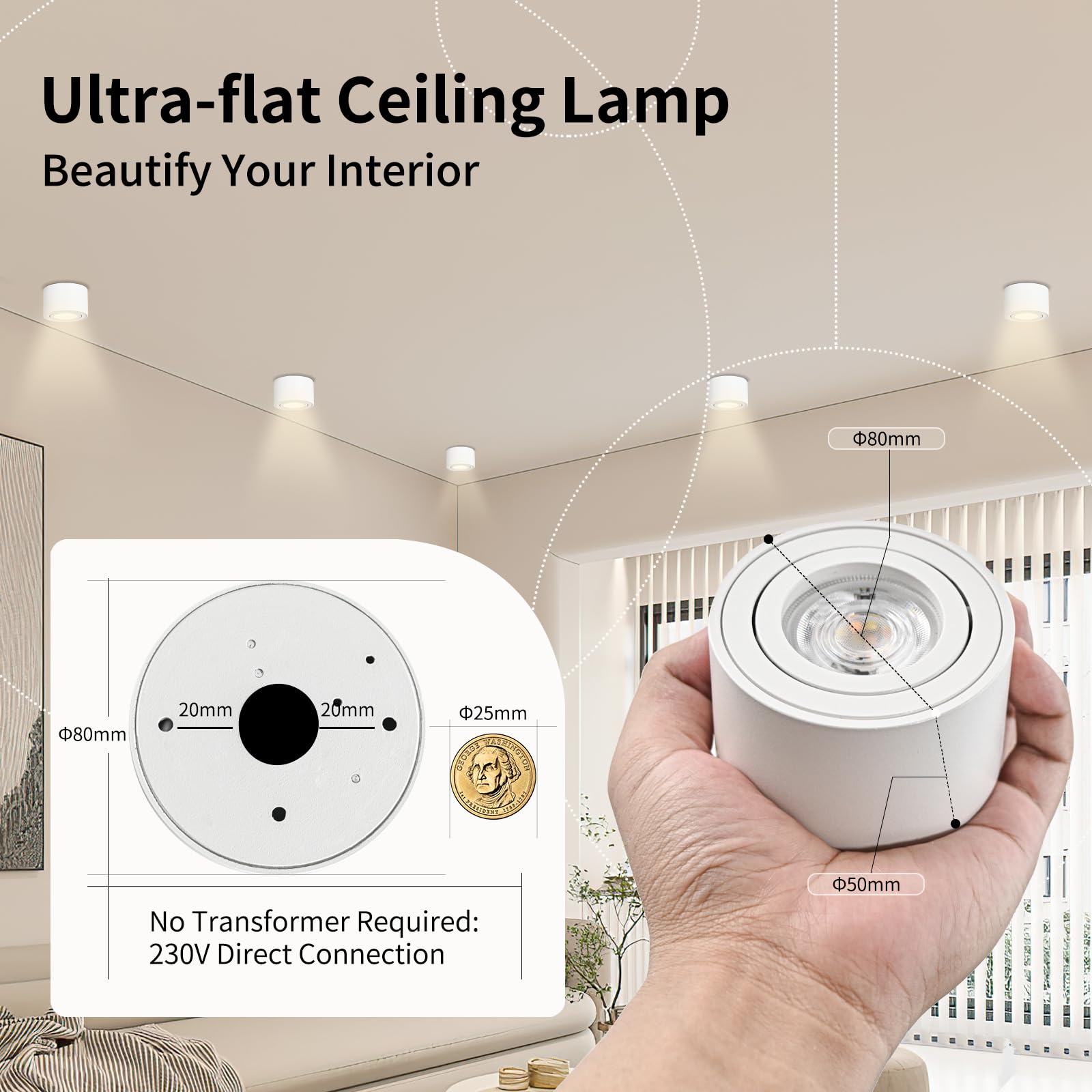 GeyouLux Focos LED Interior Techo Regulable 5W Ø80x50mm Orientable Focos Techo 3000K/4000K/6500K 500LM Lampara Focos Techo Superficie 230V Aluminio Blanco Redondo Focos LED Techo 4 piezas