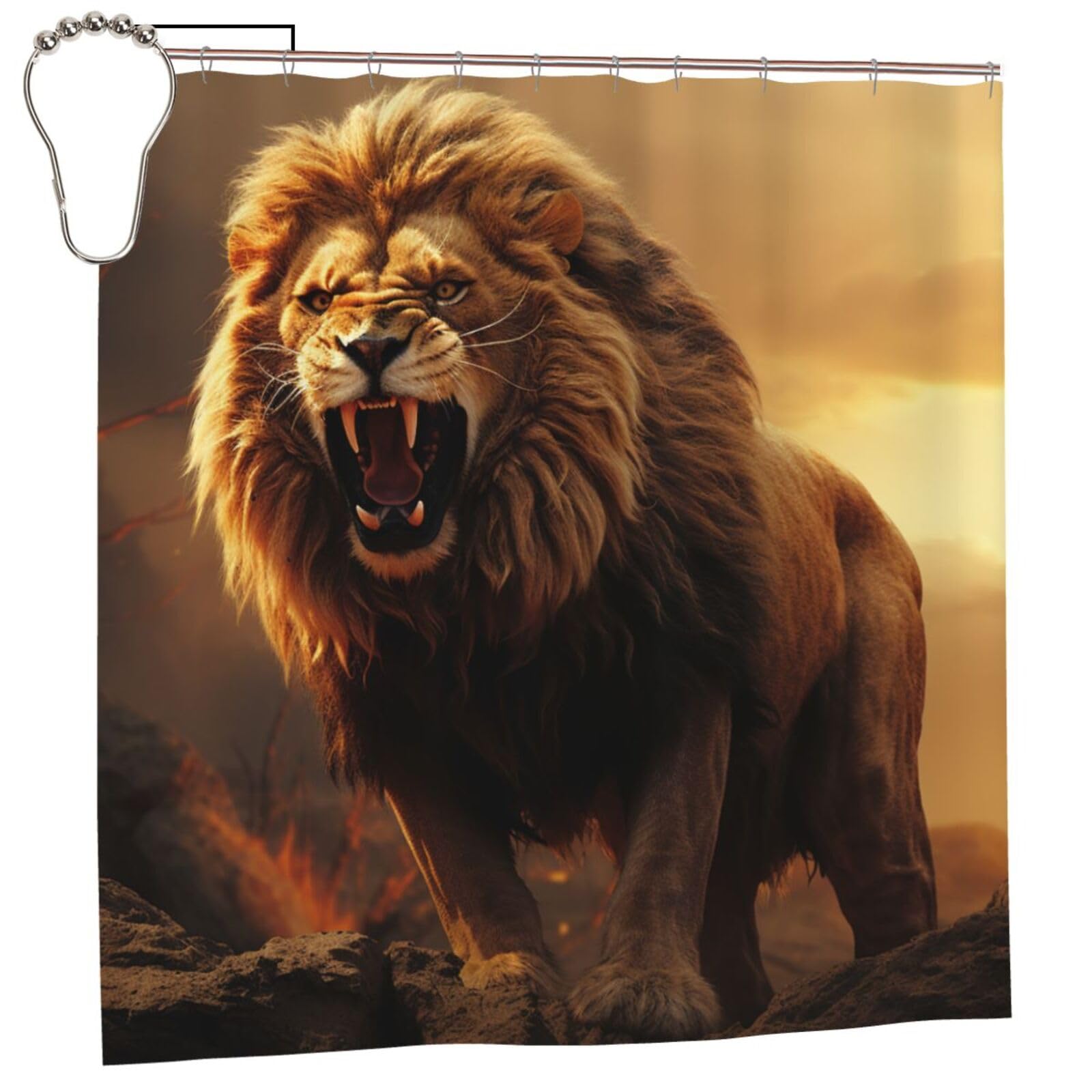 FodPand Angry Roaring Lion Shower Curtain 70"x70" Waterproof Long Bathroom Curtain Heavy Duty Thick Cloth Bath Curtain Set with Hooks, Modern Abstract Art Pattern Bathroom Shower Curtains