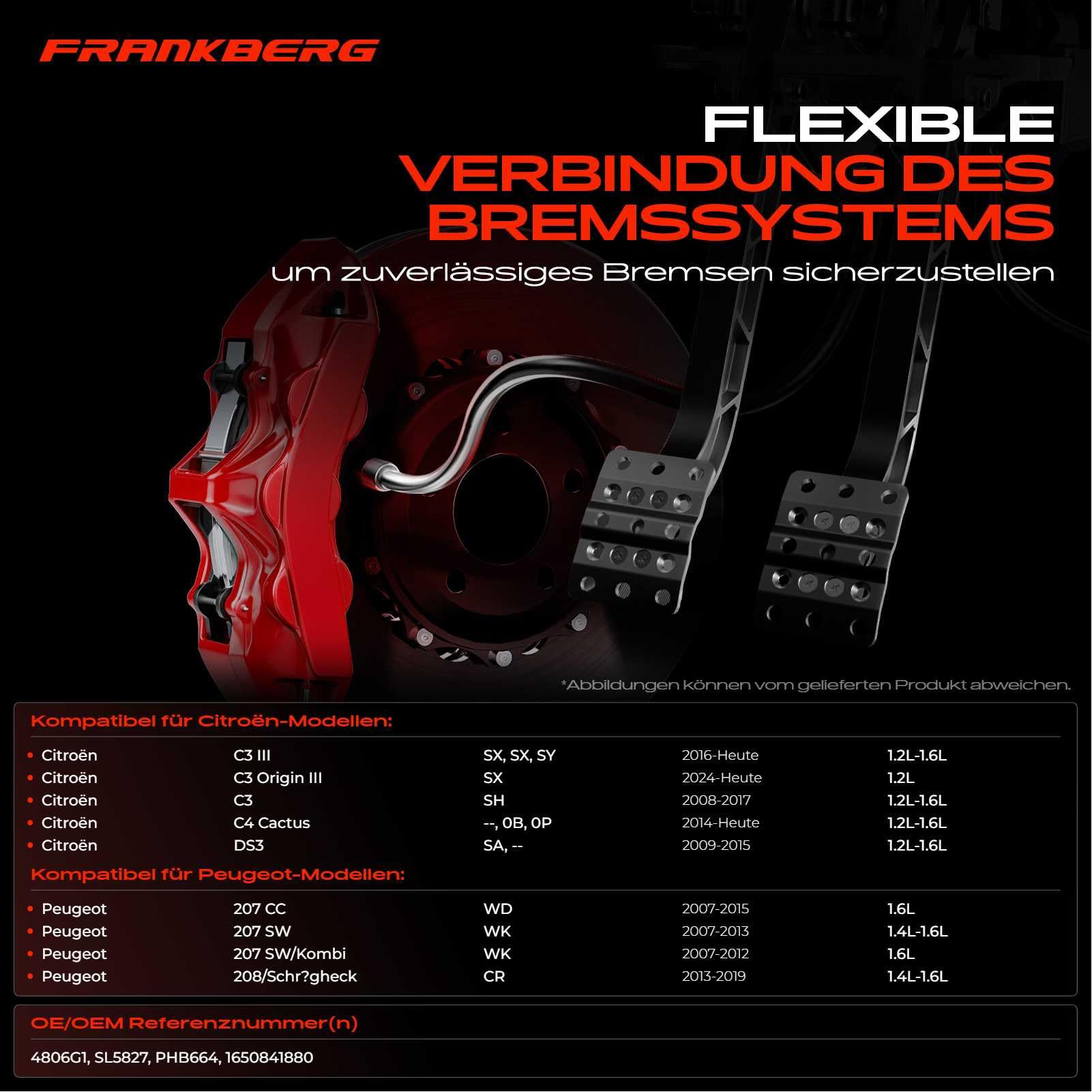 Frankberg 2x Bremsschlauch Bremsschläuche Vorderachse Links und Rechts Kompatibel mit 207 CC WD 208 I CA CC 2008 I CU 207 WA WC C3 III SX Replace# SL5827,4806G1
