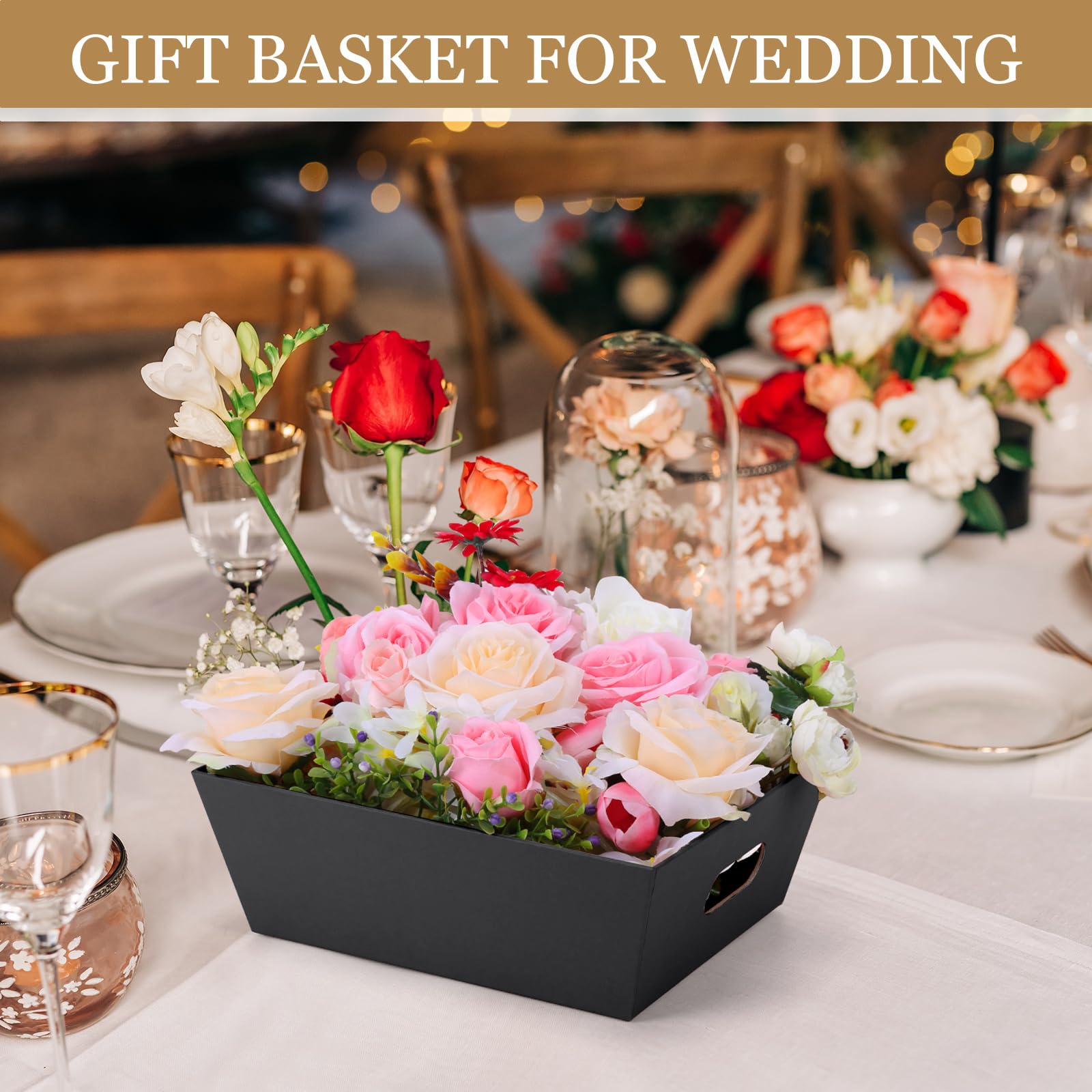 AFOROEOA 10PACK Baskets For Gifts Empty, 10 x 8” Thick Black Gift Basket with 10 Clear Gift Bags and 10 Pull Bows, Empty Gift Baskets for Christmas, Thanksgiving Wedding Birthday Party Wrapping Gift