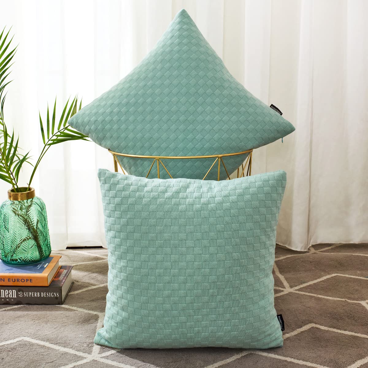 Booque Valley Seafoam Pillow Covers, Pack of 2 Luxury Light Green Throw Cushion Covers, Geometric Check Farmhouse Pillowcases for Couch Bed, Ultra Soft and Stretchy, 18 x 18 inch(Seafoam)