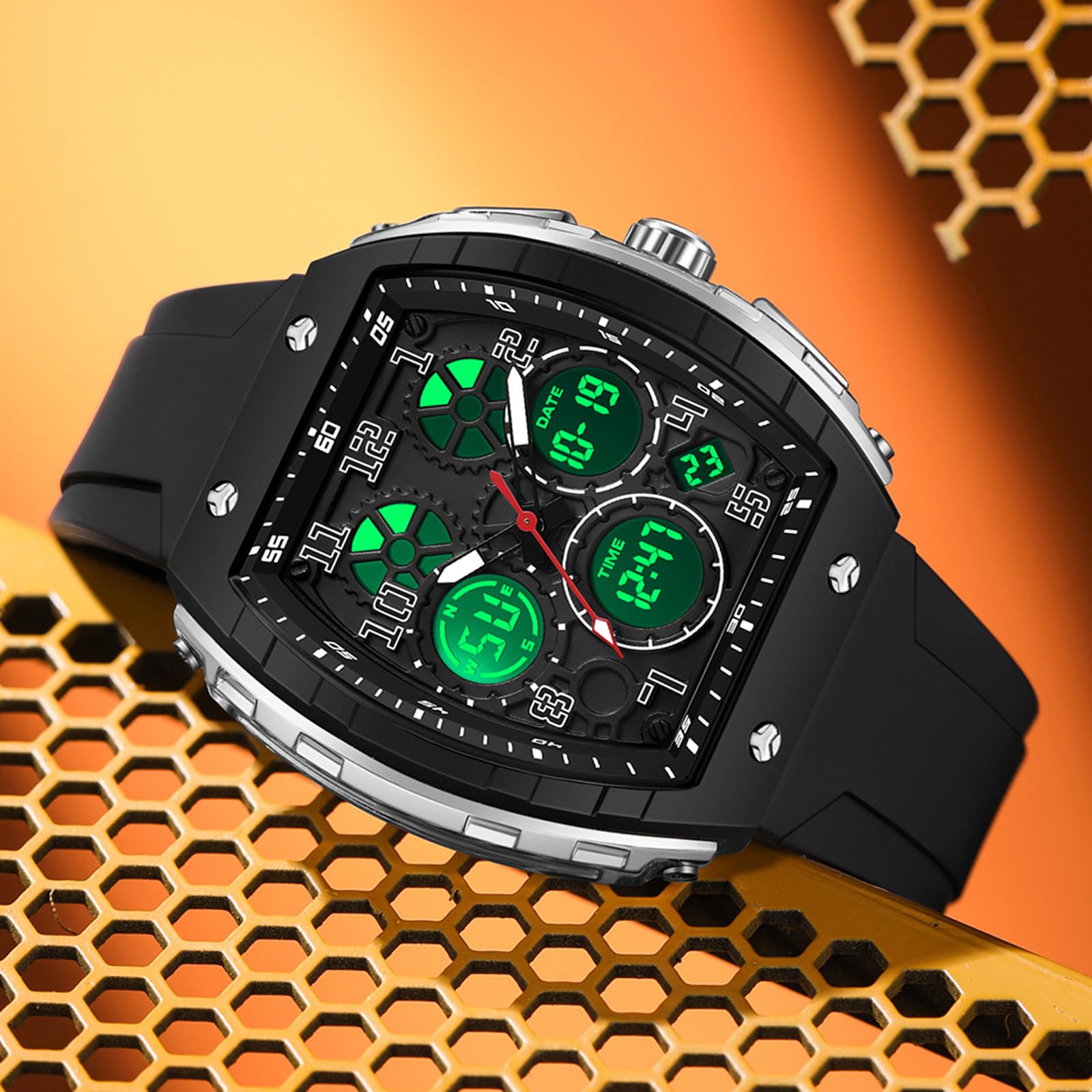 findtime Orologio rettangolare da uomo, design alla moda, creativo, digitale, analogico, al quarzo, con timer doppio, cronometro 5 ATM, impermeabile, bianco