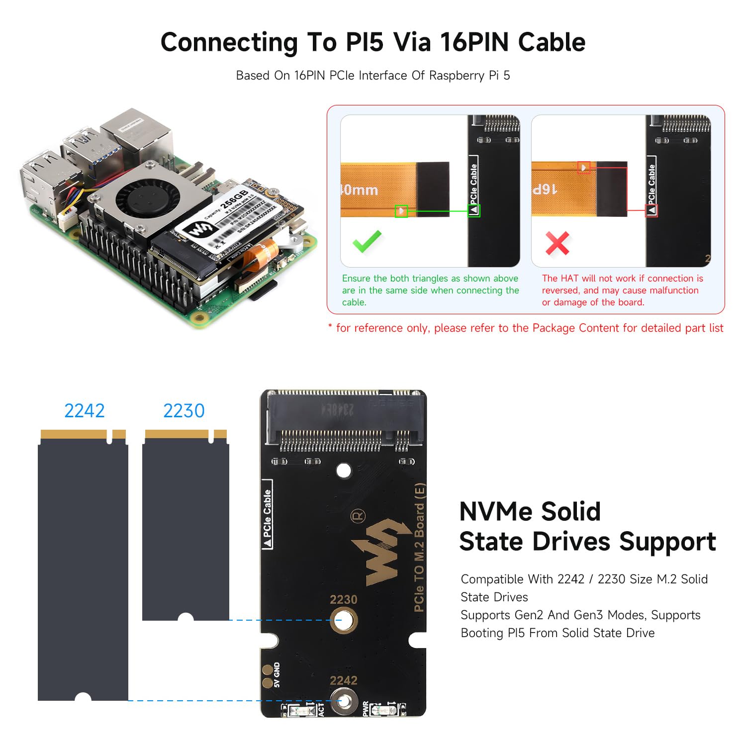 Waveshare PCIe to M.2 Adapter Board (E) For Raspberry Pi 5, With Cooling Fan, Compatible With 2242/2230 NVMe Protocol M.2 Solid State Drive, 8Gbps Data Rate, High-Speed Reading/Writing, Pi 5 NVMe