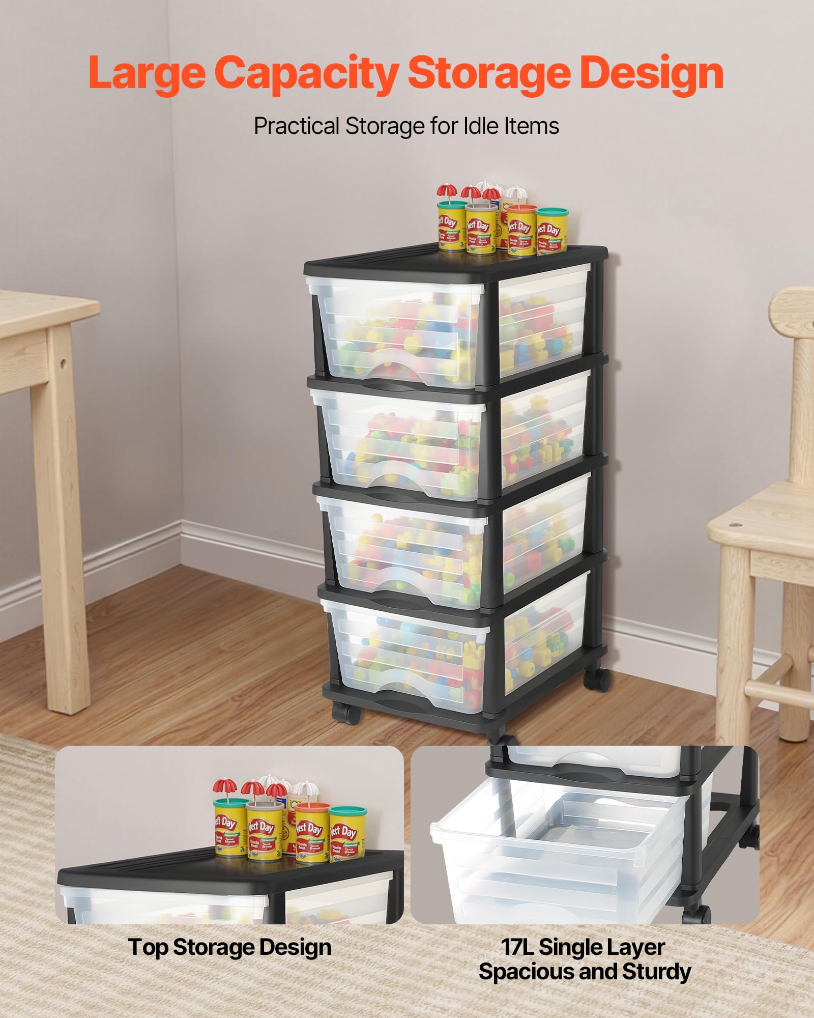 VEVOR Schubladenwagen Schubladenschrank mit 4 Schubladen (17 L/per), rollbarer Schubladen-Container Schubladenbox mit durchsichtigen Behältern für Bürobedarf Bastelräume Klassenzimmer