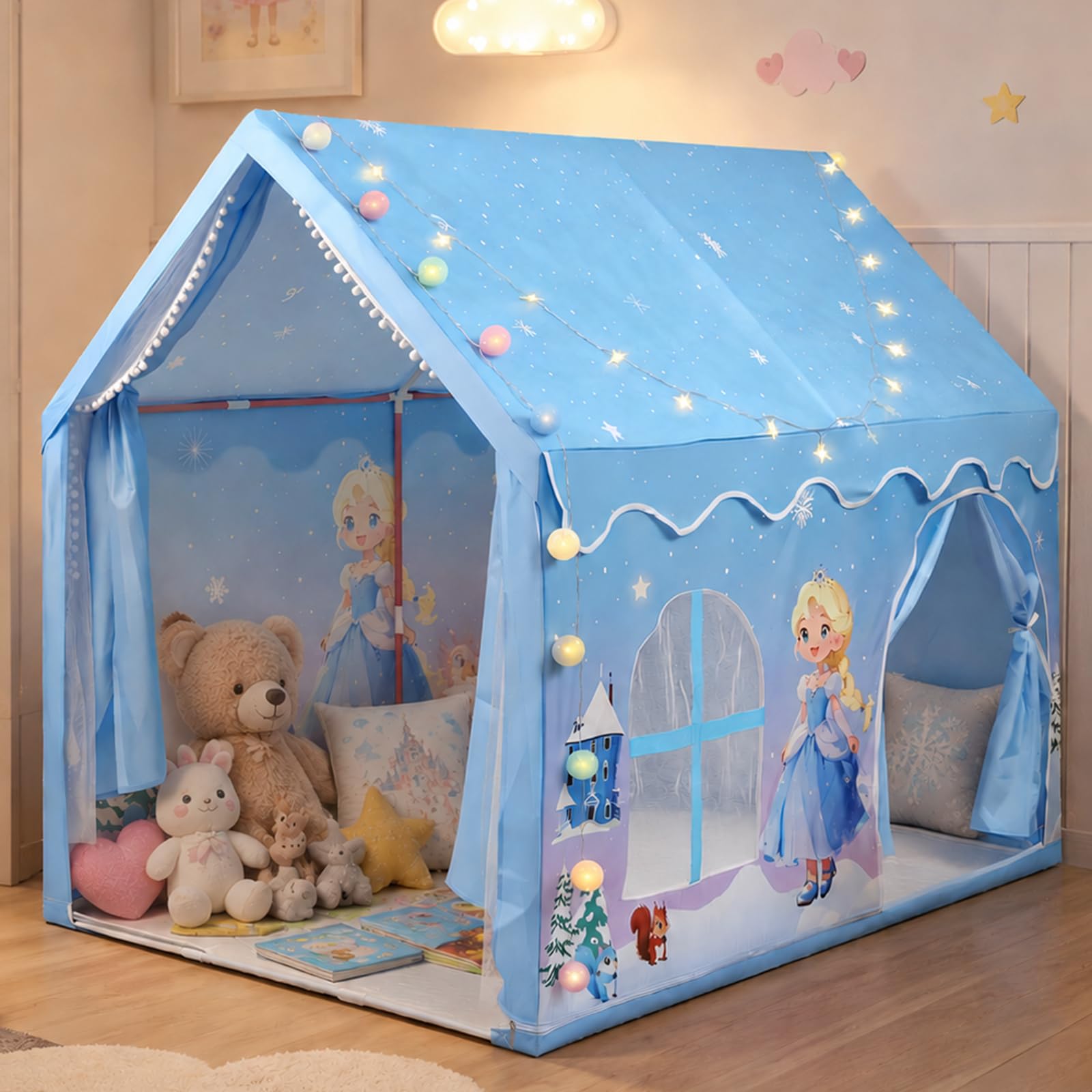 HOMGEN Kinderzelt mit Matte und Lichtern, Spielhaus Indoor für Kinder, Prinzessin Spielzelt für Kinderzimmer Deko & Lesezelt, für 3–12 Jahre,Mädchen und Jungen, 160×105×128cm, blau