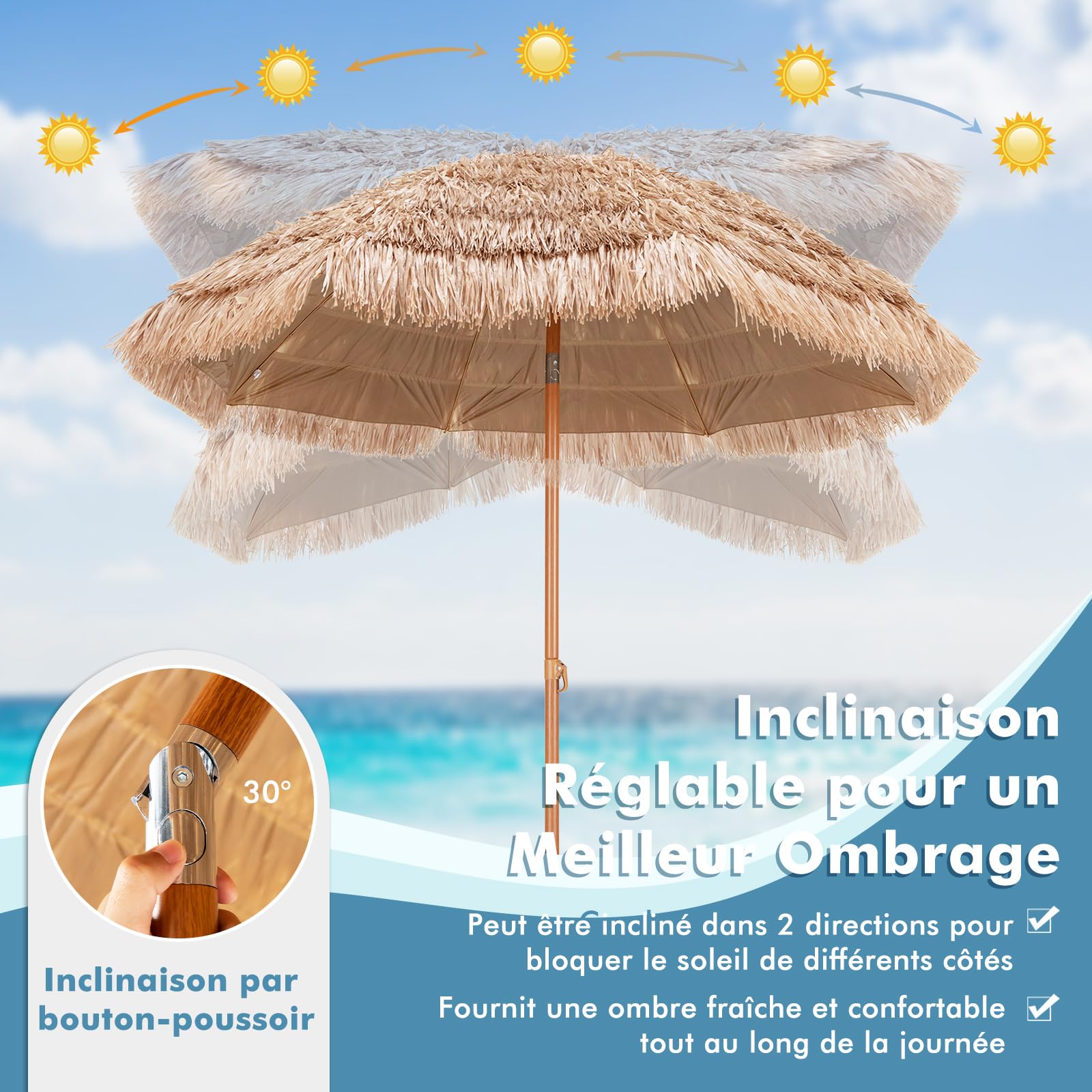 COSTWAY Parasol de Jardin Exterieur Ø220 cm, Parasol Balcon Solaire en Paille PP à 7 Couches, Style Hawaïen Exotique, 30° Inclinaison Réglable et Manivelle, 8 Baleines, pour Jardin Plage Piscine