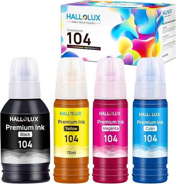 HALLOLUX 104 Ink Compatible for Epson 104 Ink Bottle Multipack for Epson EcoTank ET-2710 ET-2711 ET-2712 ET-2714 ET-2715 ET-2720 ET-2721 ET-2726 ET-4700 (Black, Cyan, Magenta, Yellow)