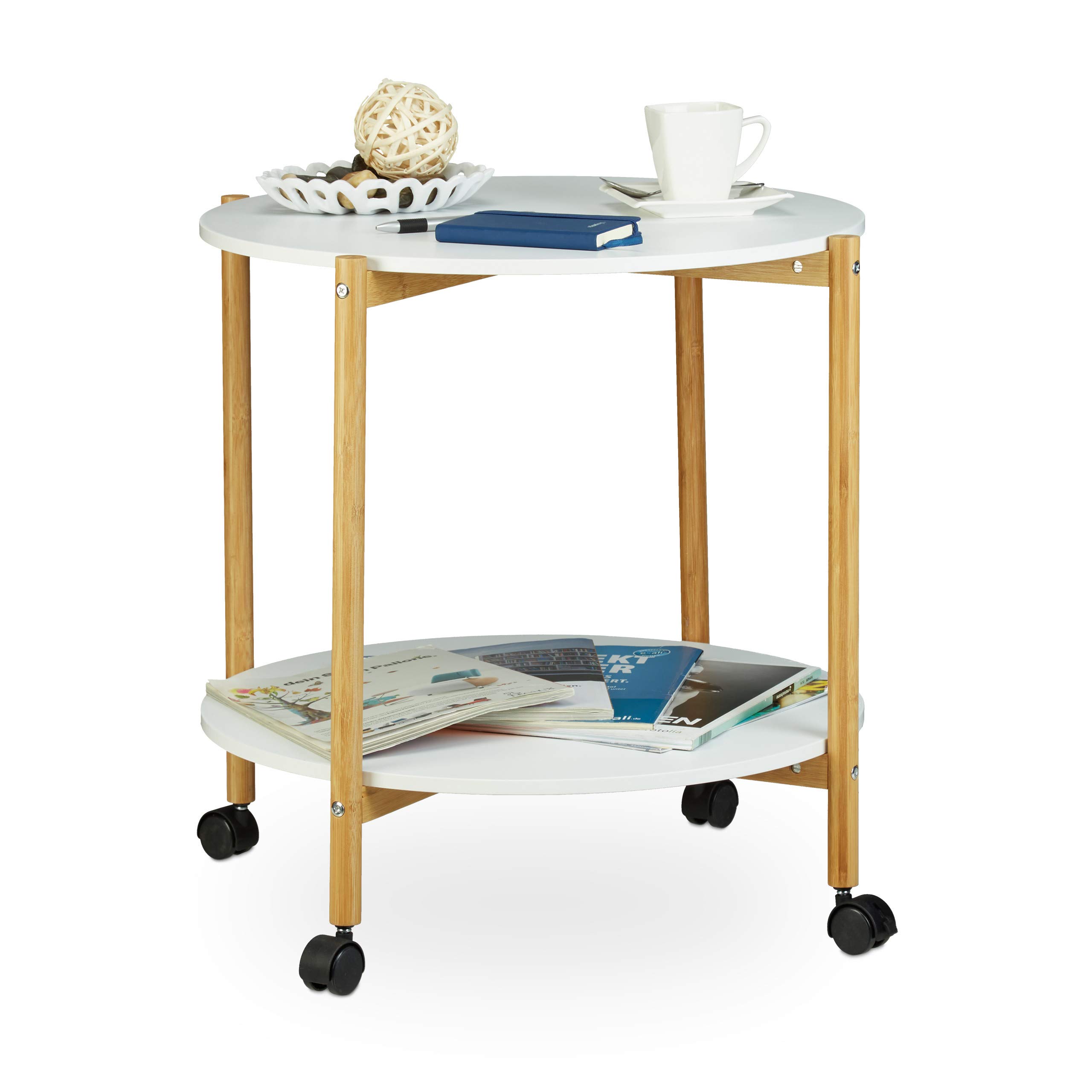 Relaxdays Mesa Auxiliar con Ruedas, 2 Niveles, Multiusos, Ruedas con Freno, Mesa de Madera, Diámetro 61, Tablas Blancas