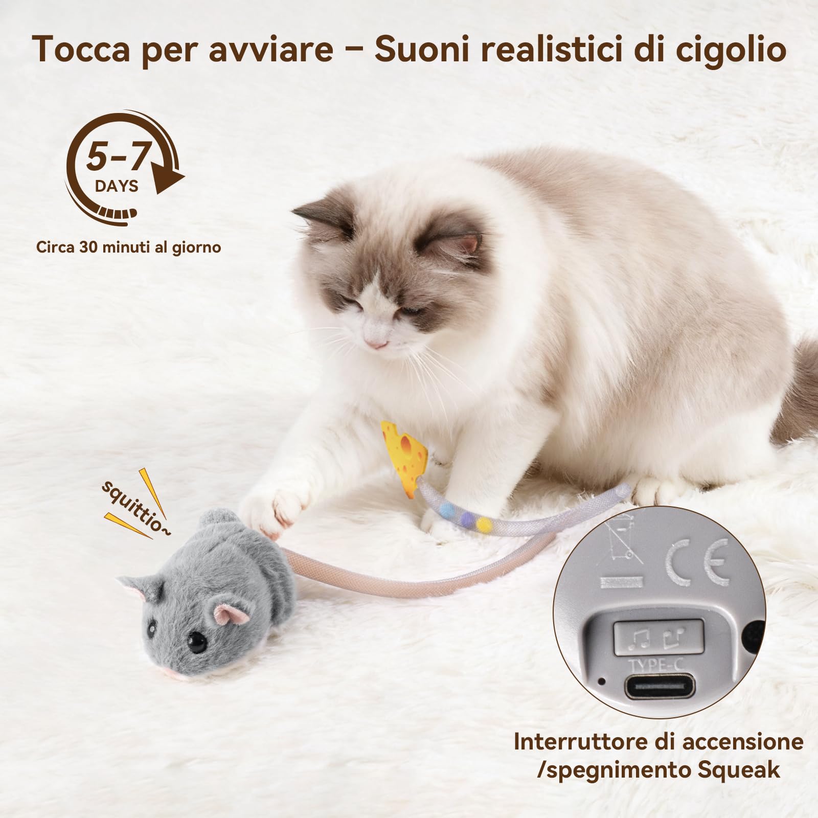 Migipaws Giocattolo interattivo per gatti, topolino elettrico con coda che si muove, sensore intelligente, squittio, giocattolo per gatti con erba gatta, ricaricabile