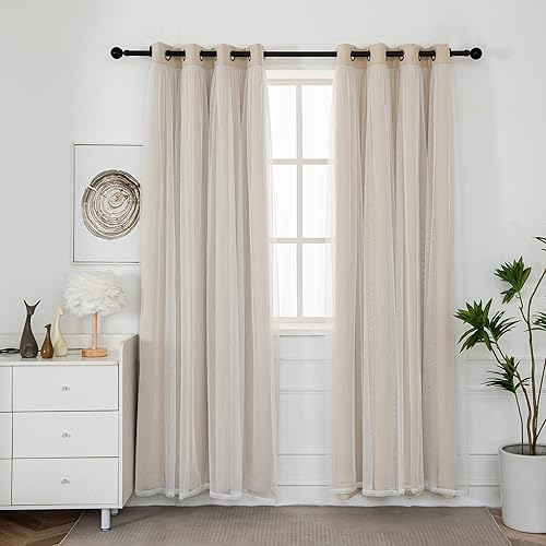 Miniatura 2 de INLINAS Cortinas opacas beige con superposición transparente, paneles térmicos y de reducción de ruido con ojales en la parte superior