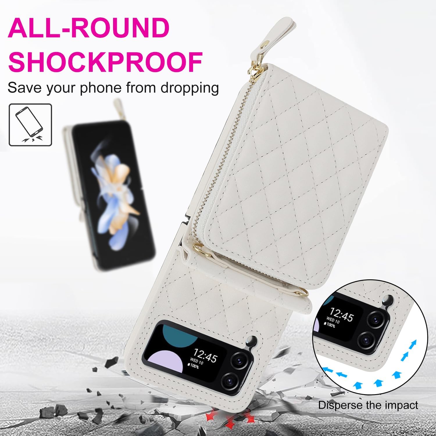 for Samsung Galaxy Z Flip 4 Zipper Wallet Case with Accordion Card Holder, 8 Card Slots Large Capacity and Anti-Theft Security.(White)