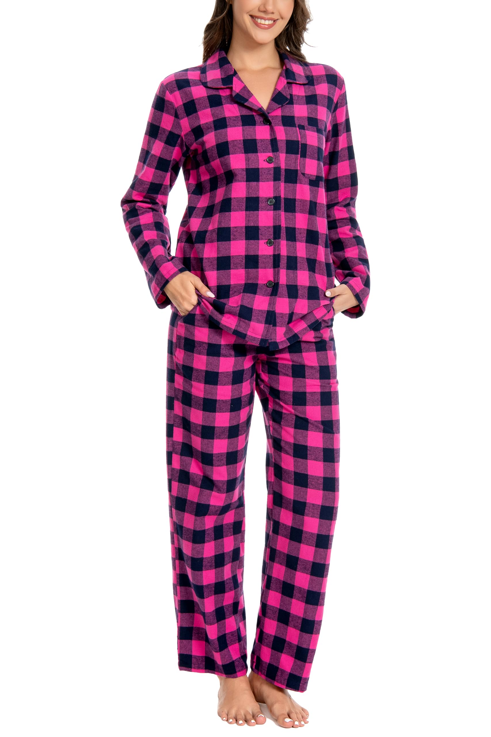 Nutria Pigiama da donna, 100% cotone, in flanella, a maniche lunghe, con colletto aperto, bottoni, parte inferiore lunga, biancheria da notte invernale, loungewear con scollo a V, maglietta e