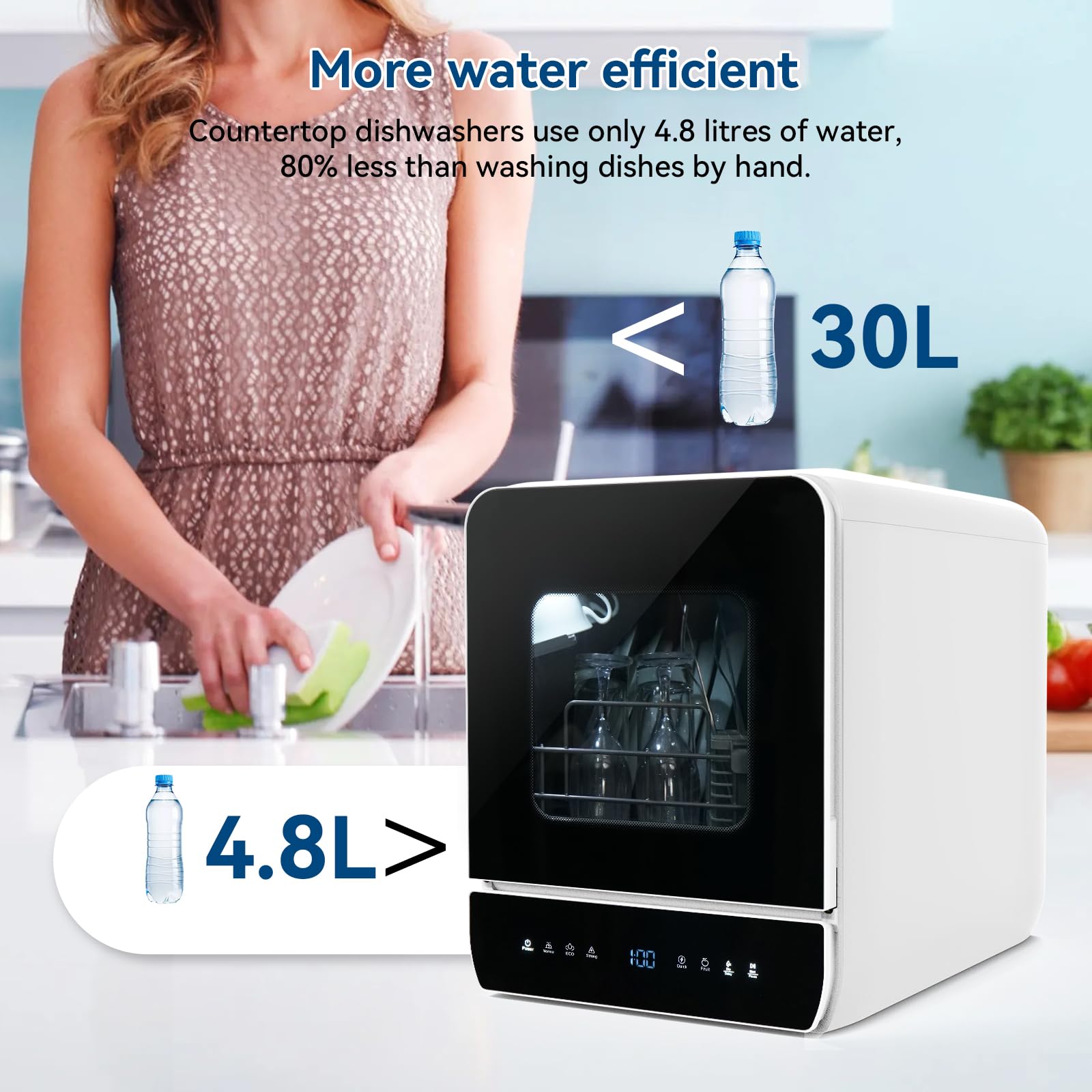 eklipt Portable Countertop Dishwasher, Mini Dishwasher, 4.8L Built-in Water Tank, 7 Programmes, 37 * 51cm Ultra-Narrow & Deep Design, Touch Control & 360° Dual Spray, Hose/No-Hose Setup, Black — view 9
