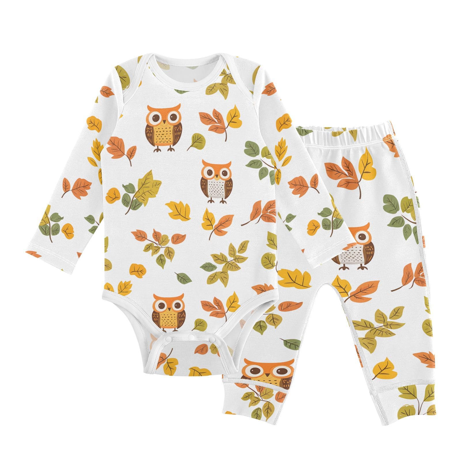 vvfelixl Baby Bodysuits Pants Sets Owl Bird Leaves Baby Bodysuit Long Sleeve Baby Clothes for Boys Girls 12-18M