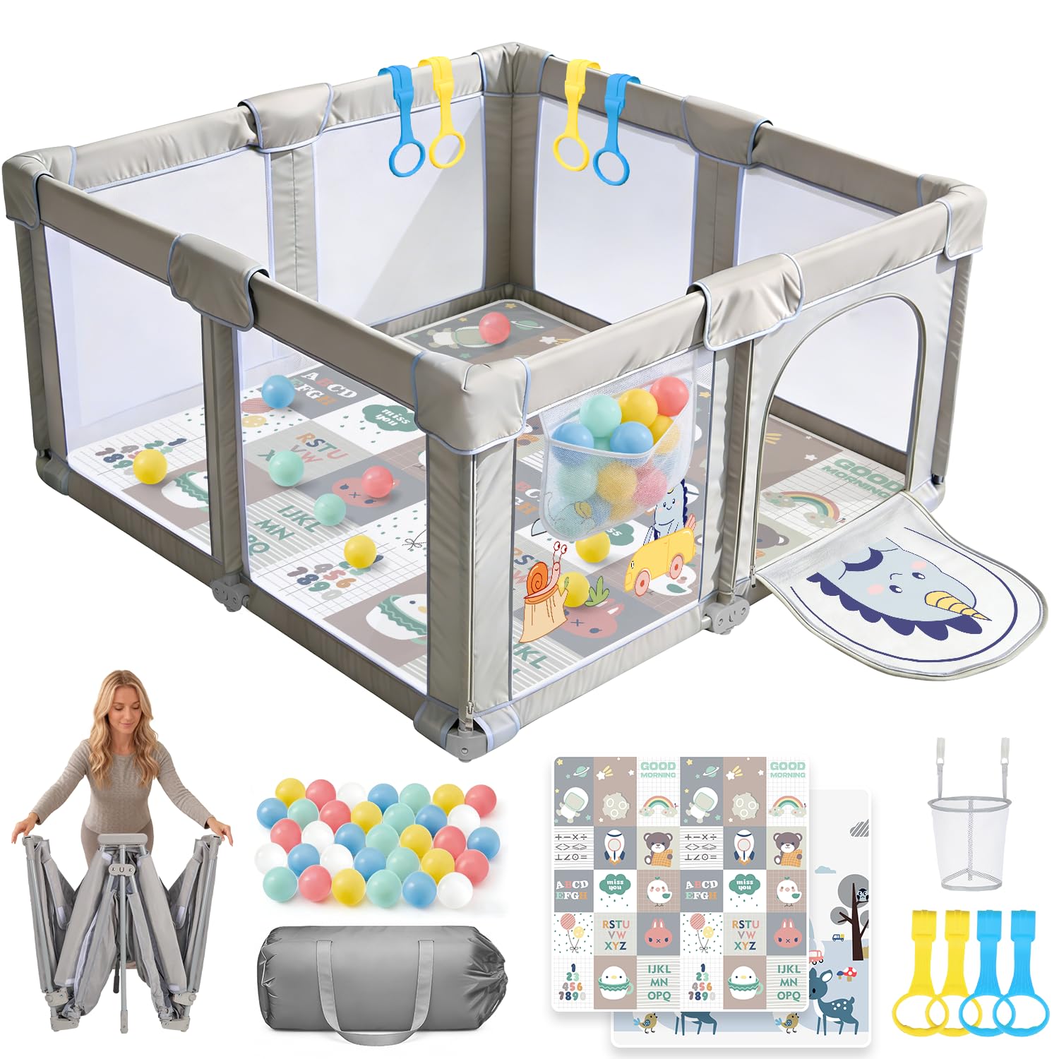 Box Bambini Pieghevole 130x130x70 con Materasso, Portatile Recinto per Bambini con 360° Rete Traspirante, 300D Tessuto Oxford, Base antiscivolo, Sicuro Attività Interni ed Esterni, Dinosauro