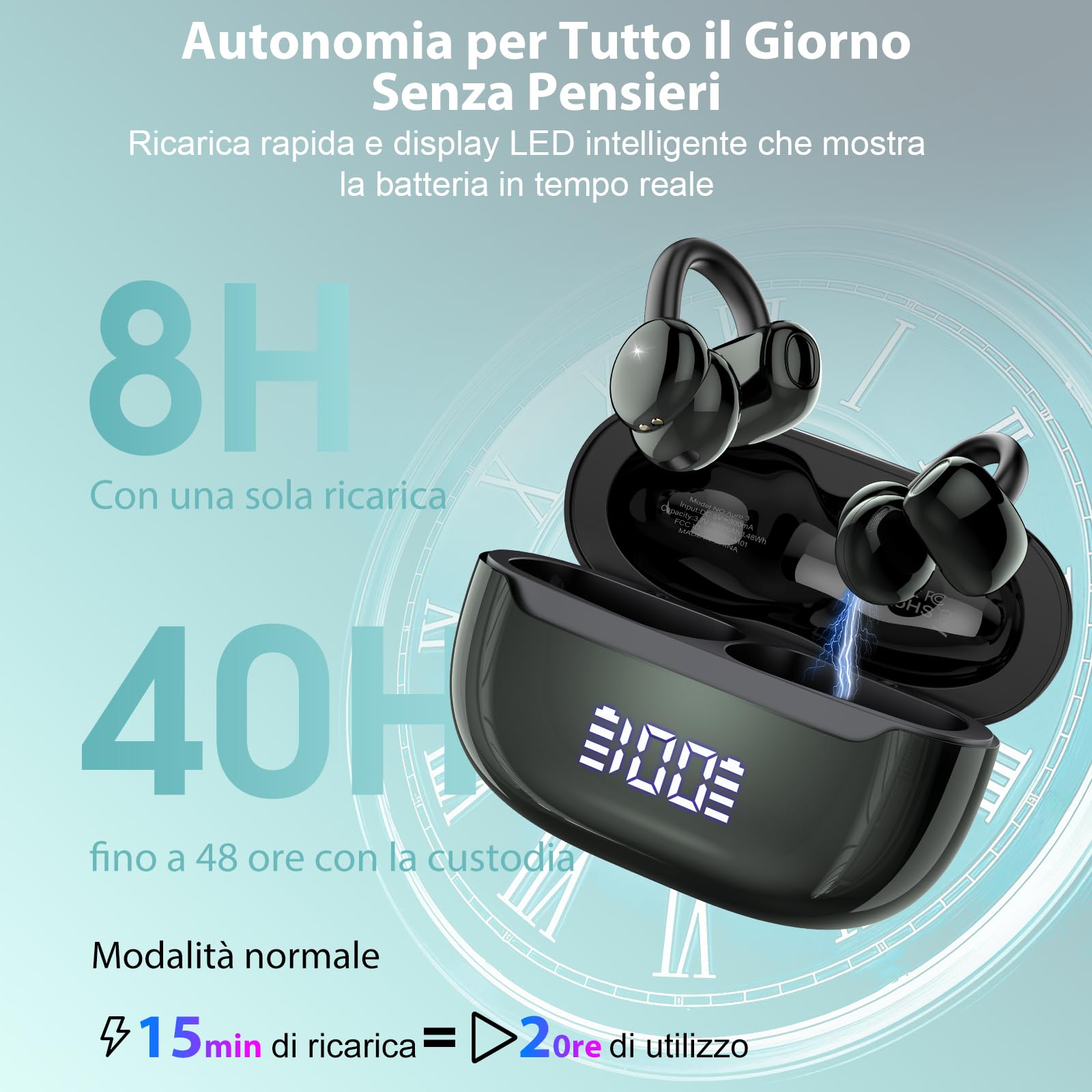 Cuffie Bluetooth 5.4, Auricolari Open Ear Cuffie Clip-On, 48 Ore Cuffiette Conduzione Ossea, DNN Noise Cancelling, Comfort Adattivo, Audio Immersivo, Auricolari Bluetooth con 4 Mic, Impermeabili IPX7