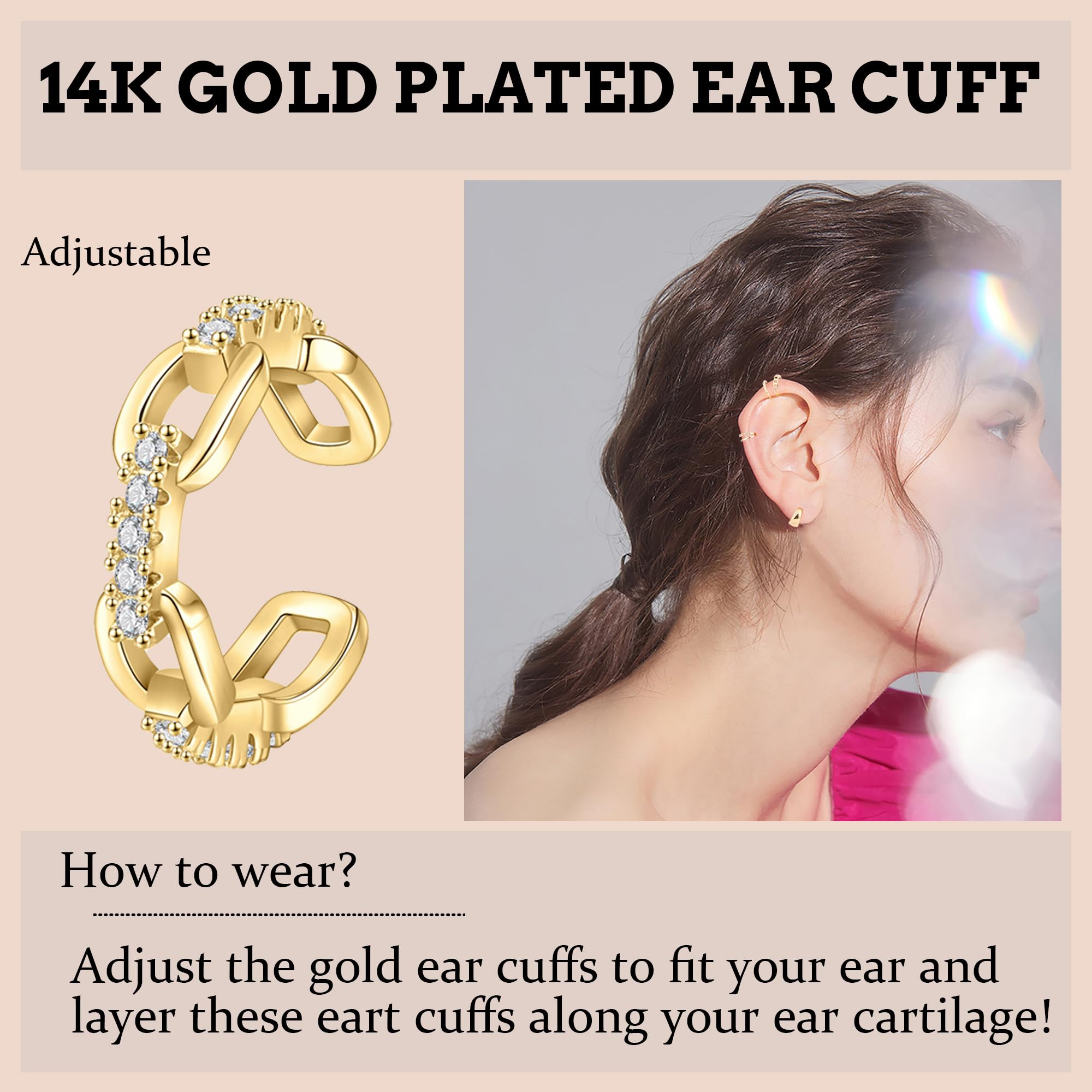 WAINIS 16PCS Ear Cuff Earrings for Women Non Piercing Gold Silver Ear Cuffs 14k Gold Tone Clip On Cartilage Earrings Lightweight Fake Earrings Set