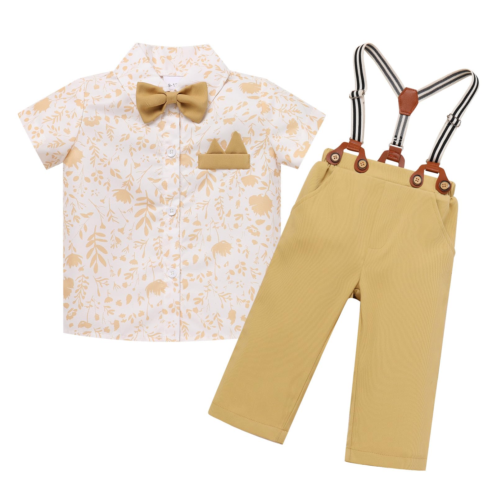 IBTOM CASTLE Toddler Baby Boy Dress Suit Formal Short Sleeve Floral Bowtie Shirt Suspender Pant Wedding Ring Bearer Outfit