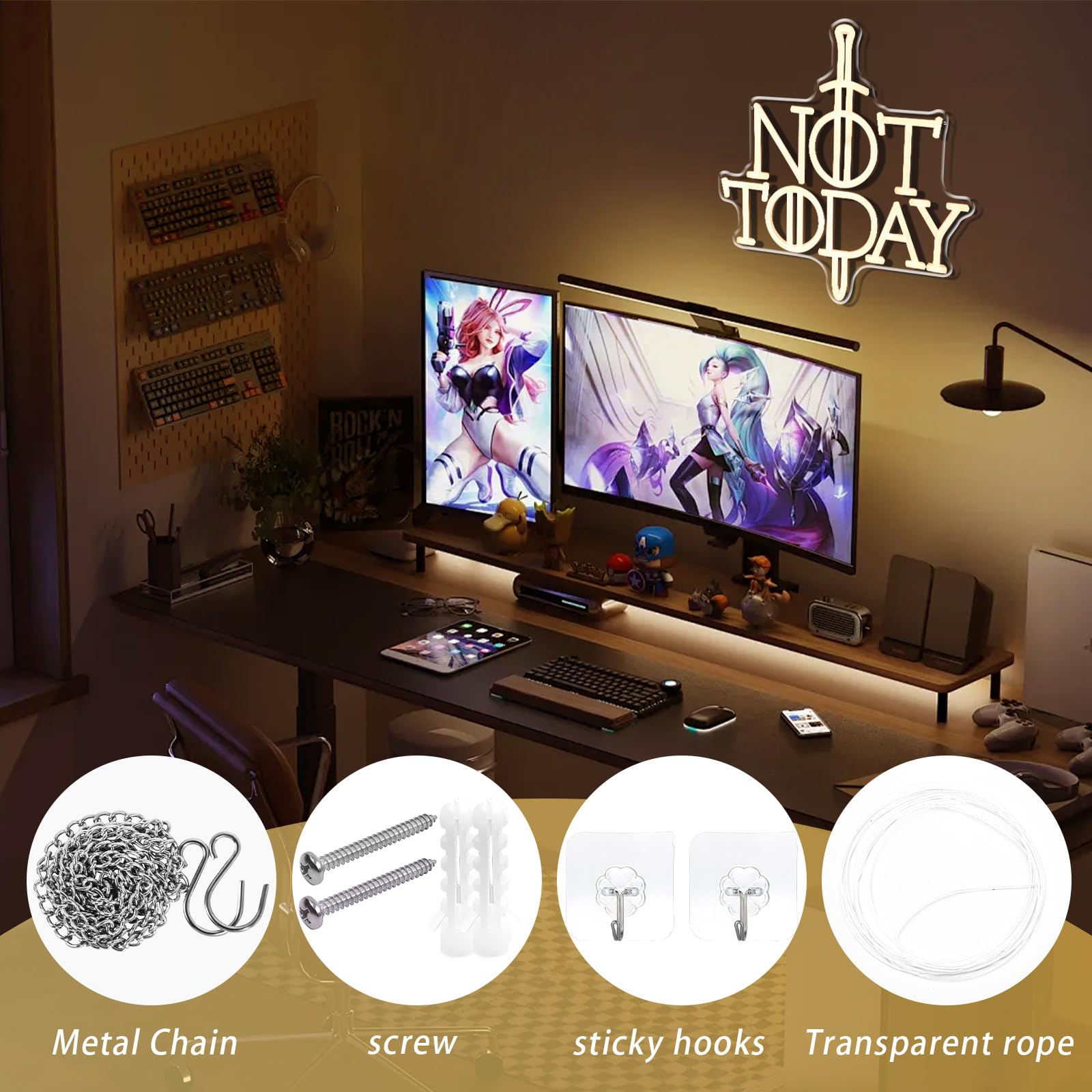 Gra z mieczem, neonowy znak "Not Today", neonowe światło do dekoracji ścian, biały znak LED, gracz, zabawny prezent do sypialni, na imprezę, do akademika, dla mężczyzny, jaskini, salonu, baru