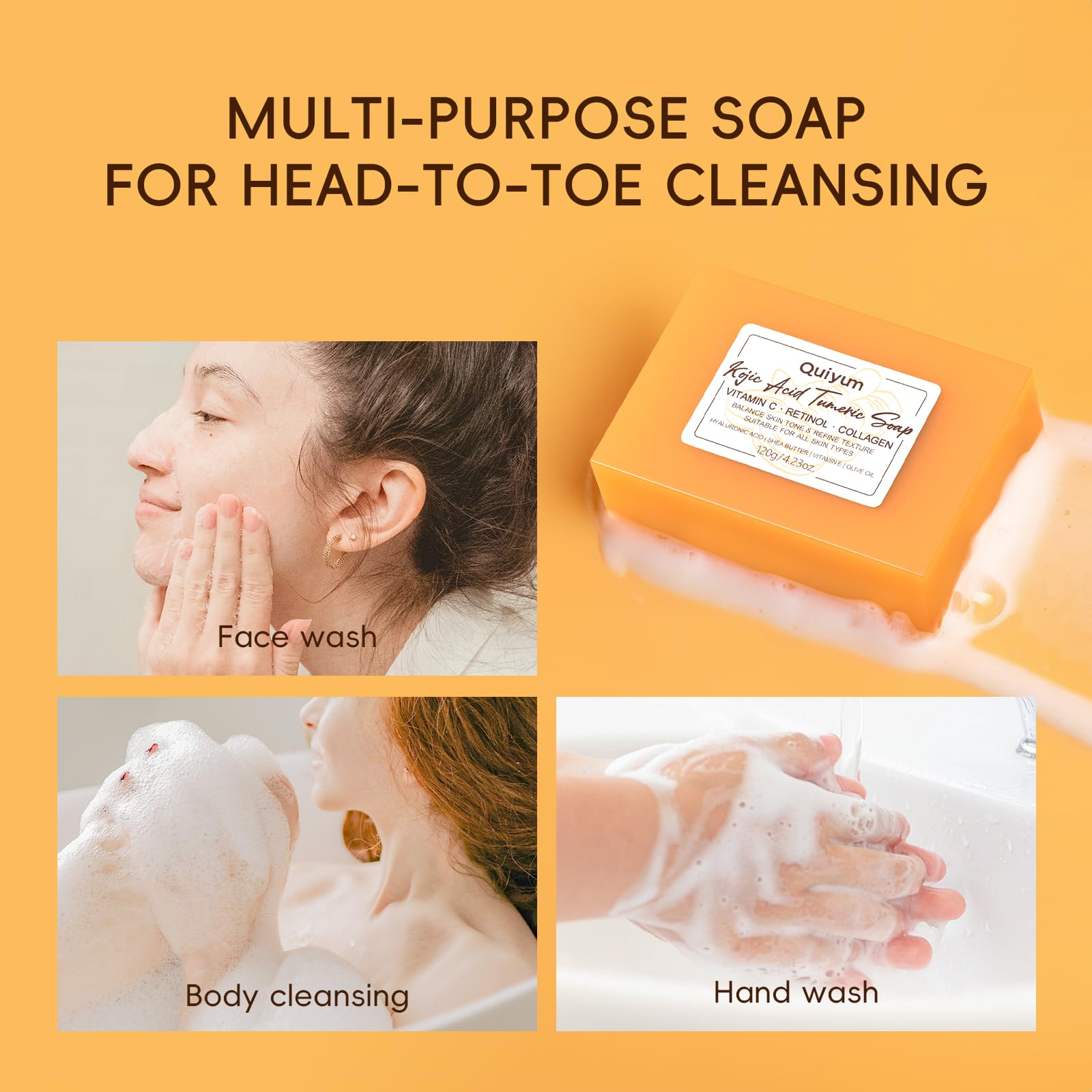 Quiyum Kojic Acid & Turmeric Soap Bar, 3x120g Dark Spot Corrector, Hyperpigmentation Treatment with Vitamin C - Image 4