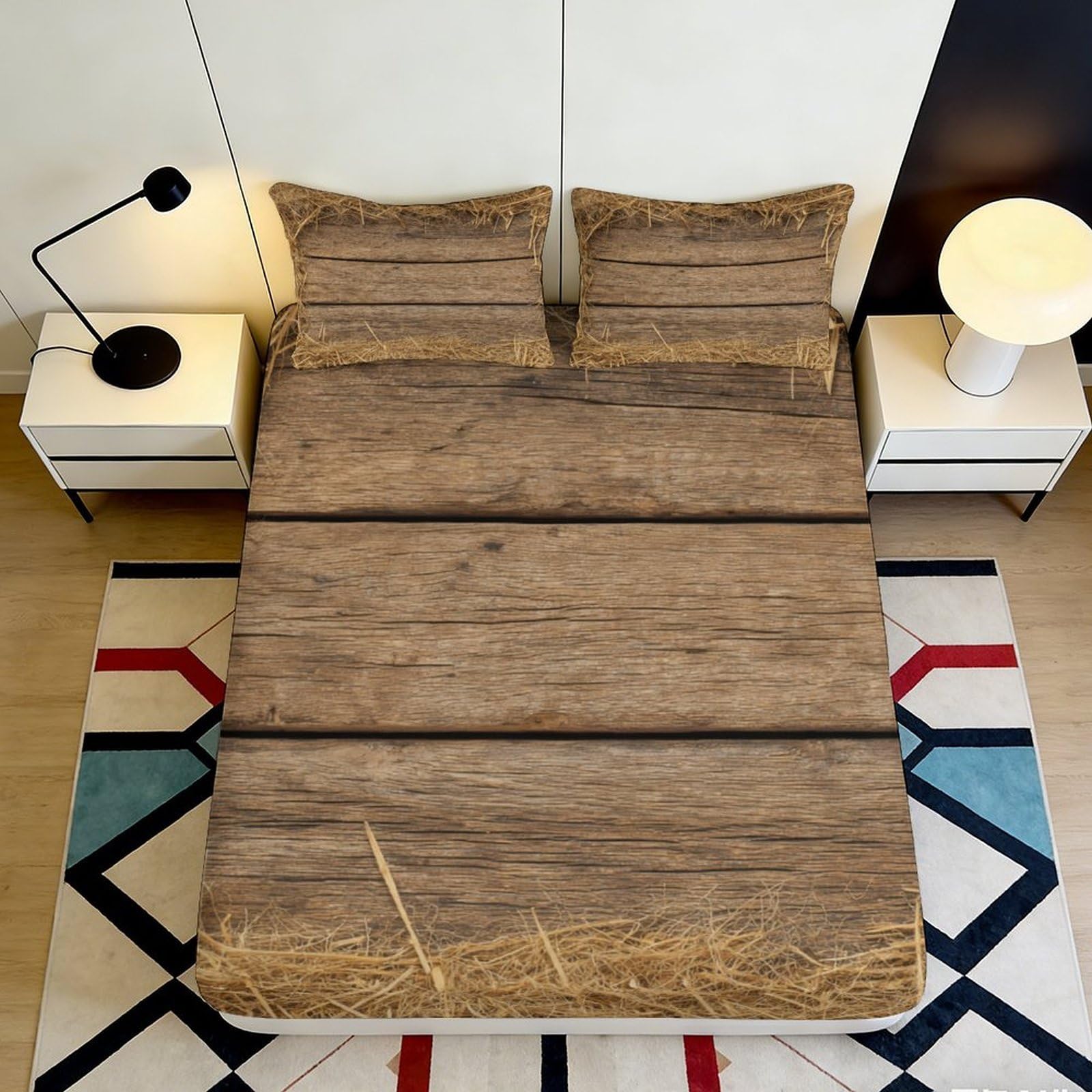 3D Printed Rustic Wood Plank Fitted Sheet Microfiber Soft Mattress Cover Hay Straw Art for Bedroom Guest Room Decor 90x200x25cm