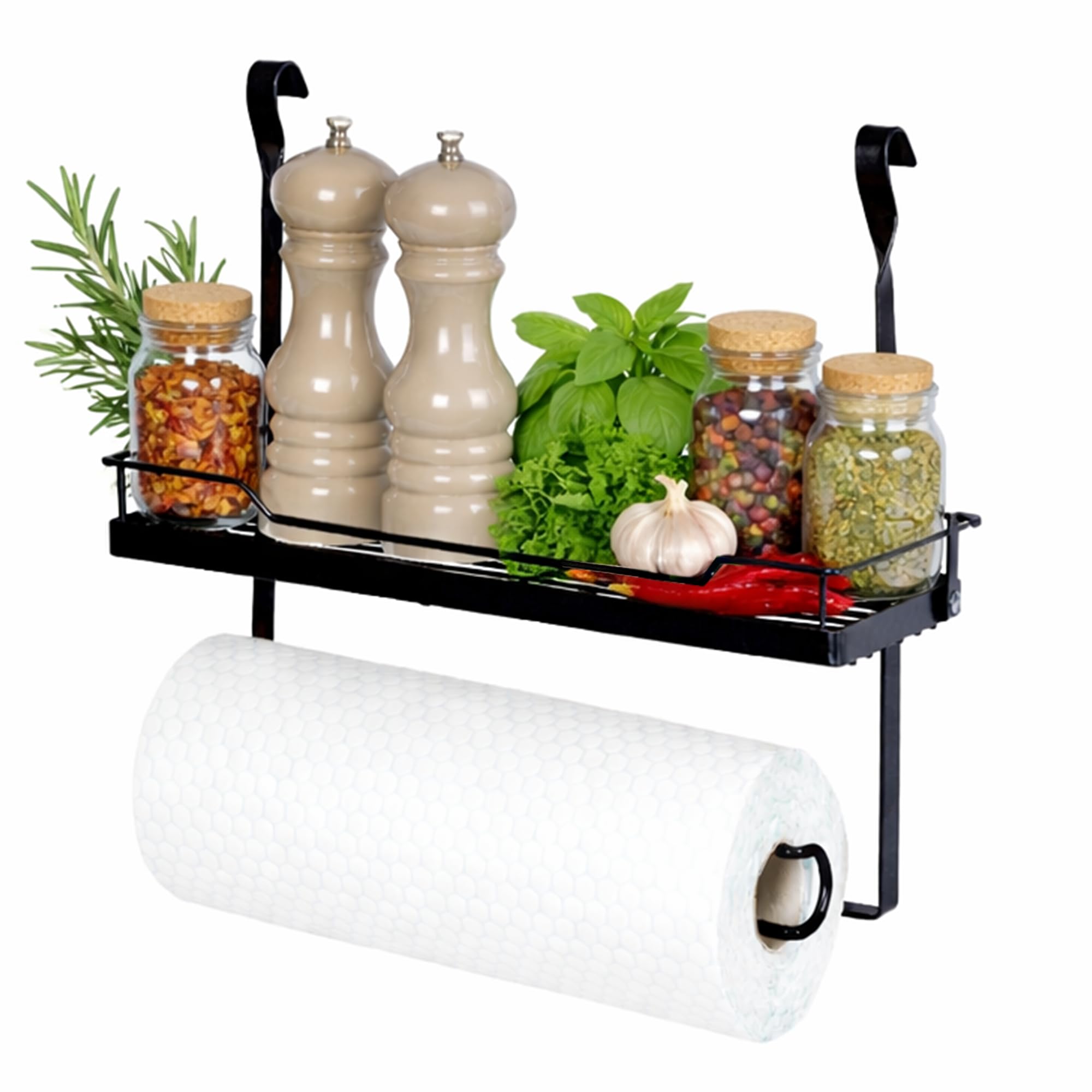 Livivo Shelf & Paper Towel Holder - Black Hanging Storage Kitchen Shelf & Paper Towel Holder Saucepan Dish Plates Bowl Tumbler Glasses Utensil Cutlery Knives Pots Rack (Shelf & Paper Towel Holder, Black)
