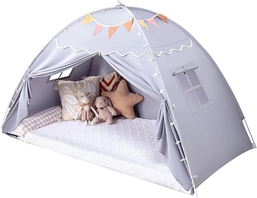 Toddler Canopy Lights & Flags Indoor Floor Bed Kids Tent Playhouse Portable & Foldable Twin Bunk Bed Curtains Girls & Boys House Bedroom Privacy Space Sleeping Tents Gifts Golden Beige Large Size