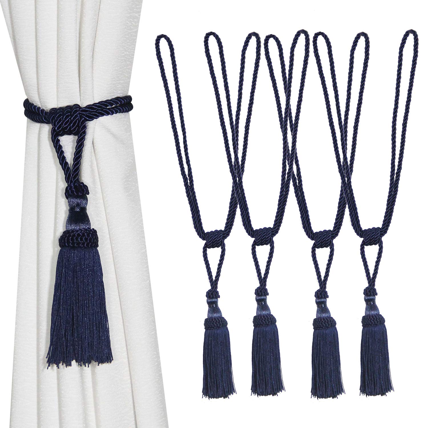 Tassel Curtain Tiebacks， Curtain Tiebacks Braided Rope Ties Tassel Holdbacks 4 Pack Multicolor Home Decor(Navy)