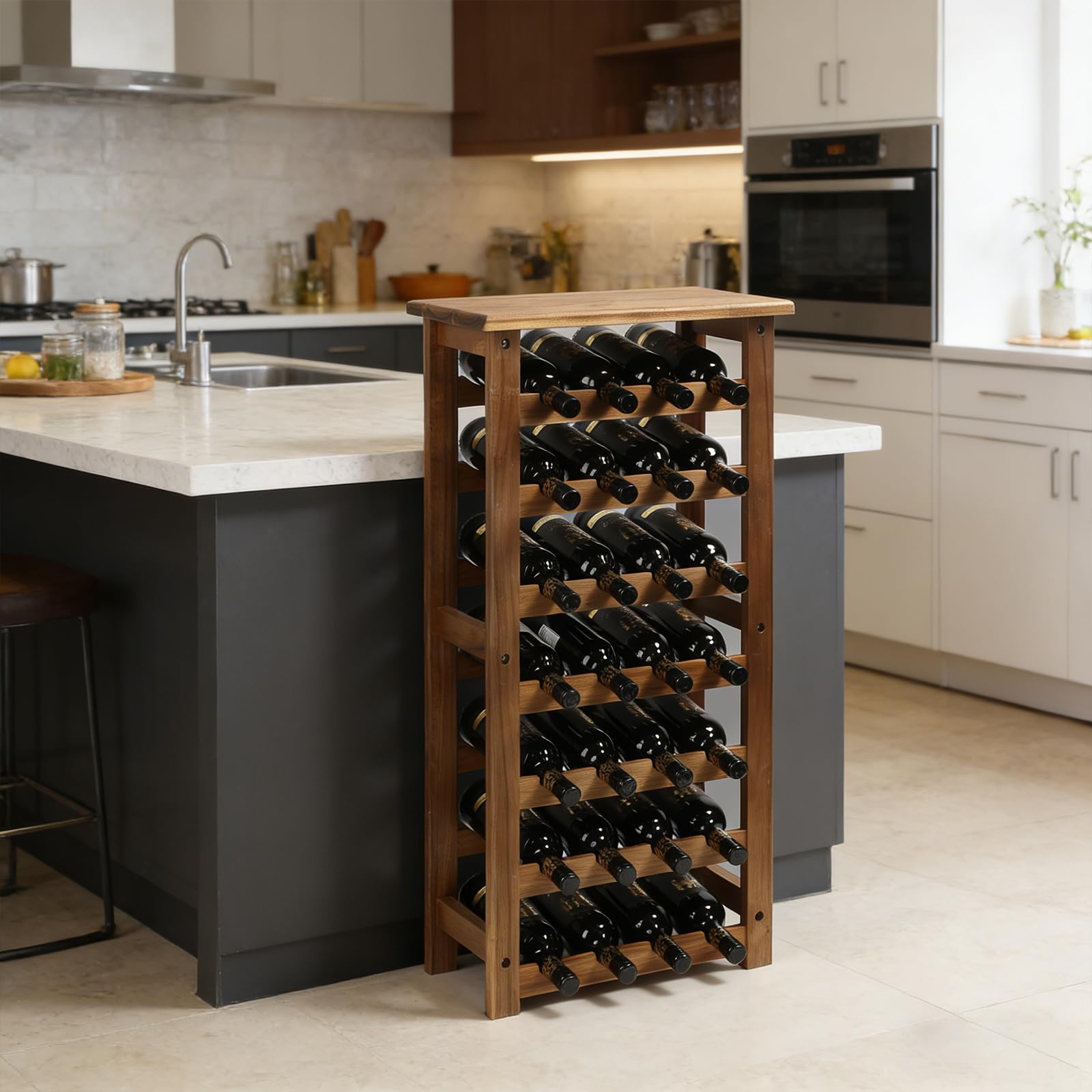 jalz jalz Weinregal Akazienholz für 28 Flaschen - Stabiles Modulares Flaschenregal Holz Erweiterbar - Weinständer für Keller, Küche, Gastronomie, Bar - Platzsparende Weinaufbewahrung Natur