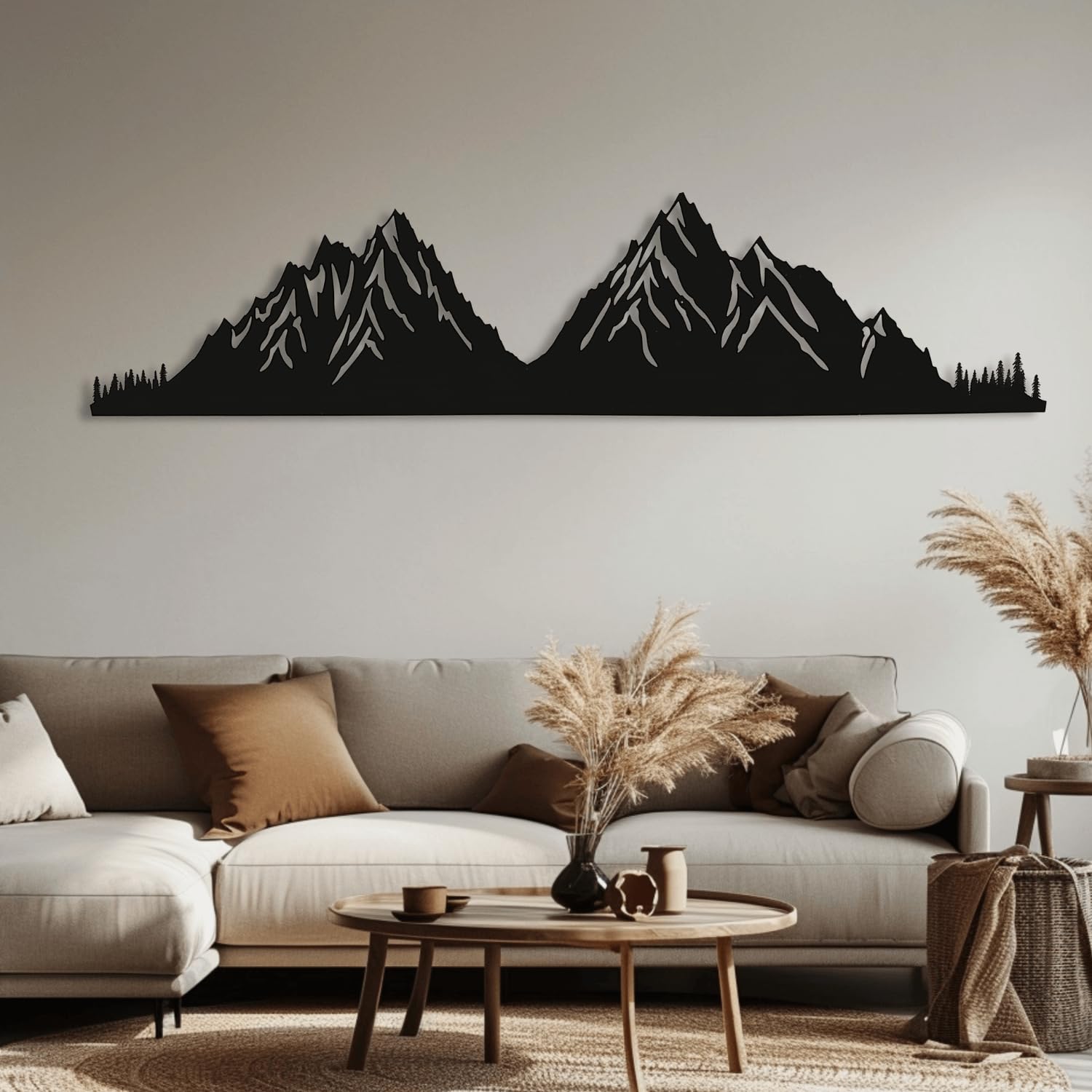 Décoration murale métal grand format 150 cm motif montagne moderne argent
