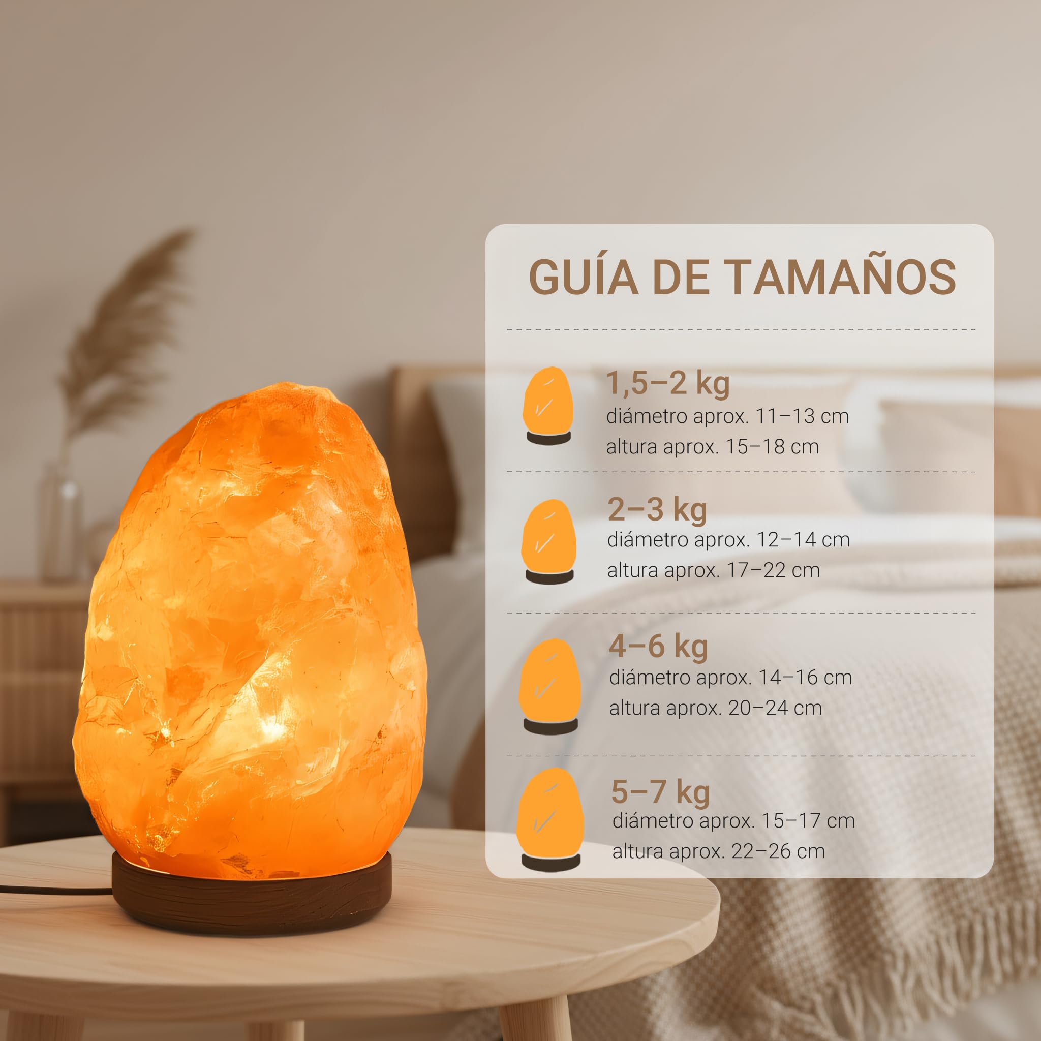 H HANSEL HOME Lámpara de Sal Natural del Himalaya, 1.5-2kg, 100% Natural, con Cable y Bombilla Incluida, Base de Madera – Lámpara de Sal para un Ambiente Relajante y Saludable