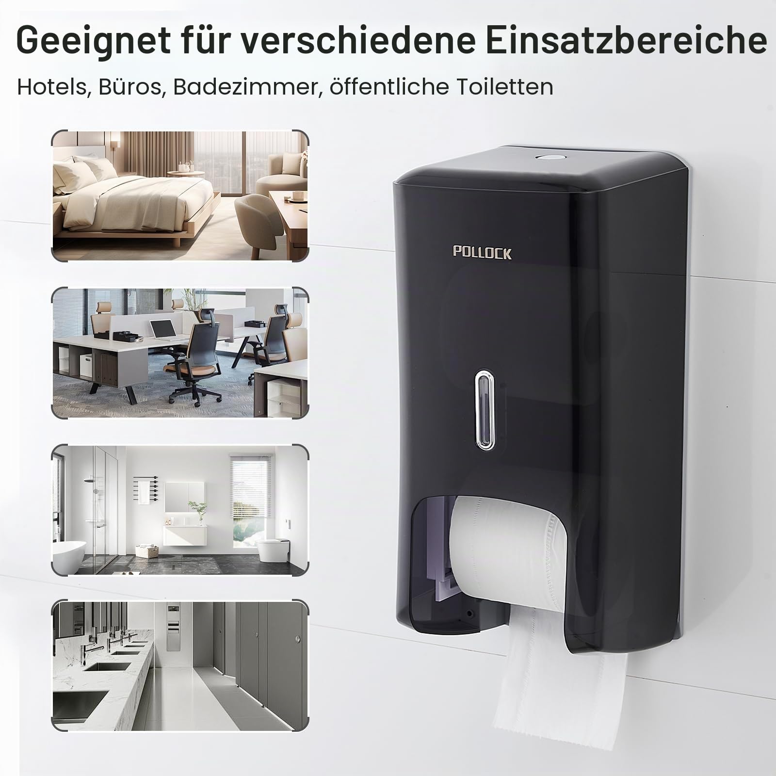 Pollock Toilettenpapierspender 2 Rollen – Ohne Bohren | Große Kapazität | Wandmontage | abschließbar | Doppelrollenspender | Handtuchspender | Wandhandtuchspender, Geeignet für Gewerbeflächen, Schwarz