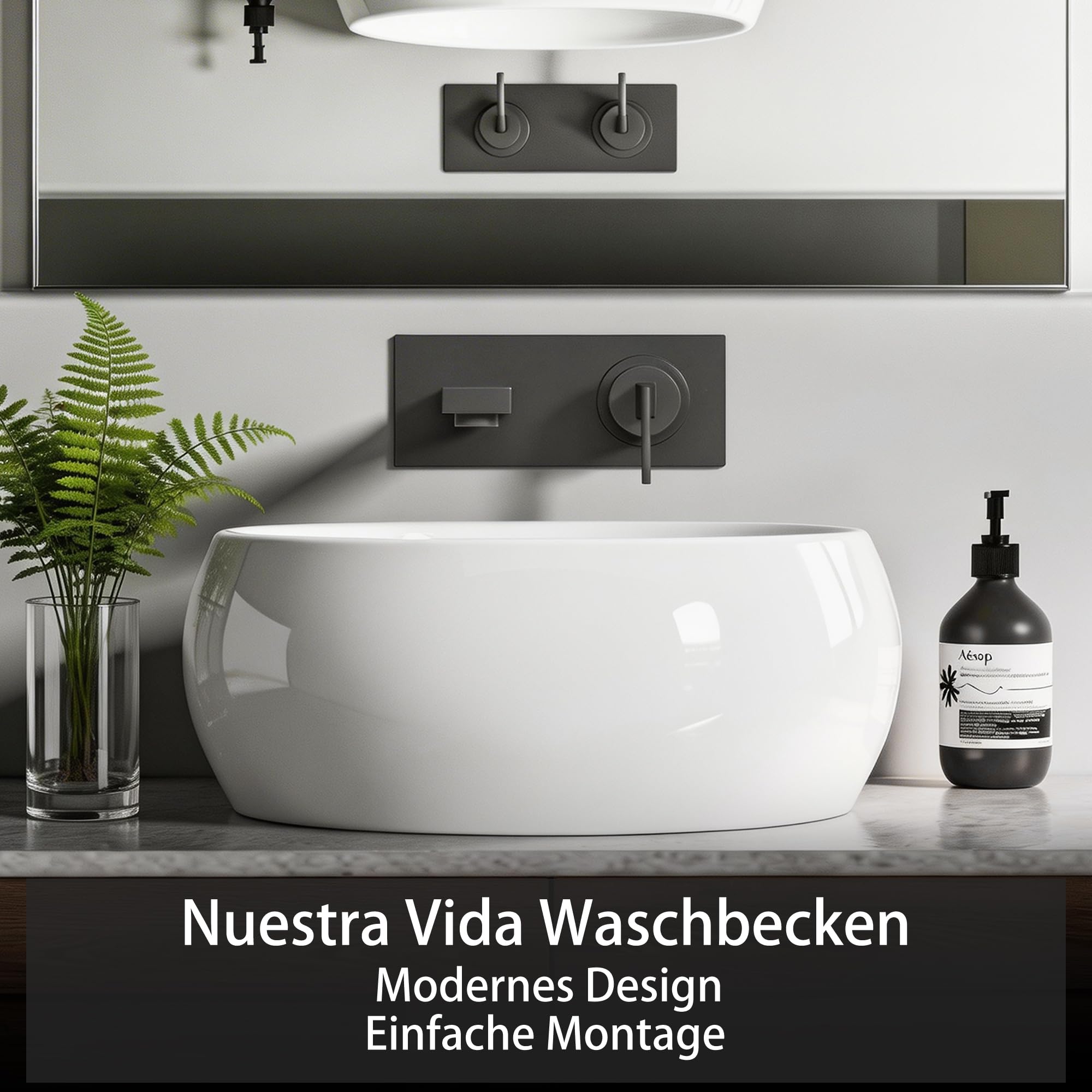 NUESTRA VIDA Lavabo de Cerámica para Baño, Lavabo Sobre Encimera Lavamanos Redondo de Baño 40 × 40 ×15,5cm, Ideal para Poner Sobre Encimera de Muebles de Baños y Aseos