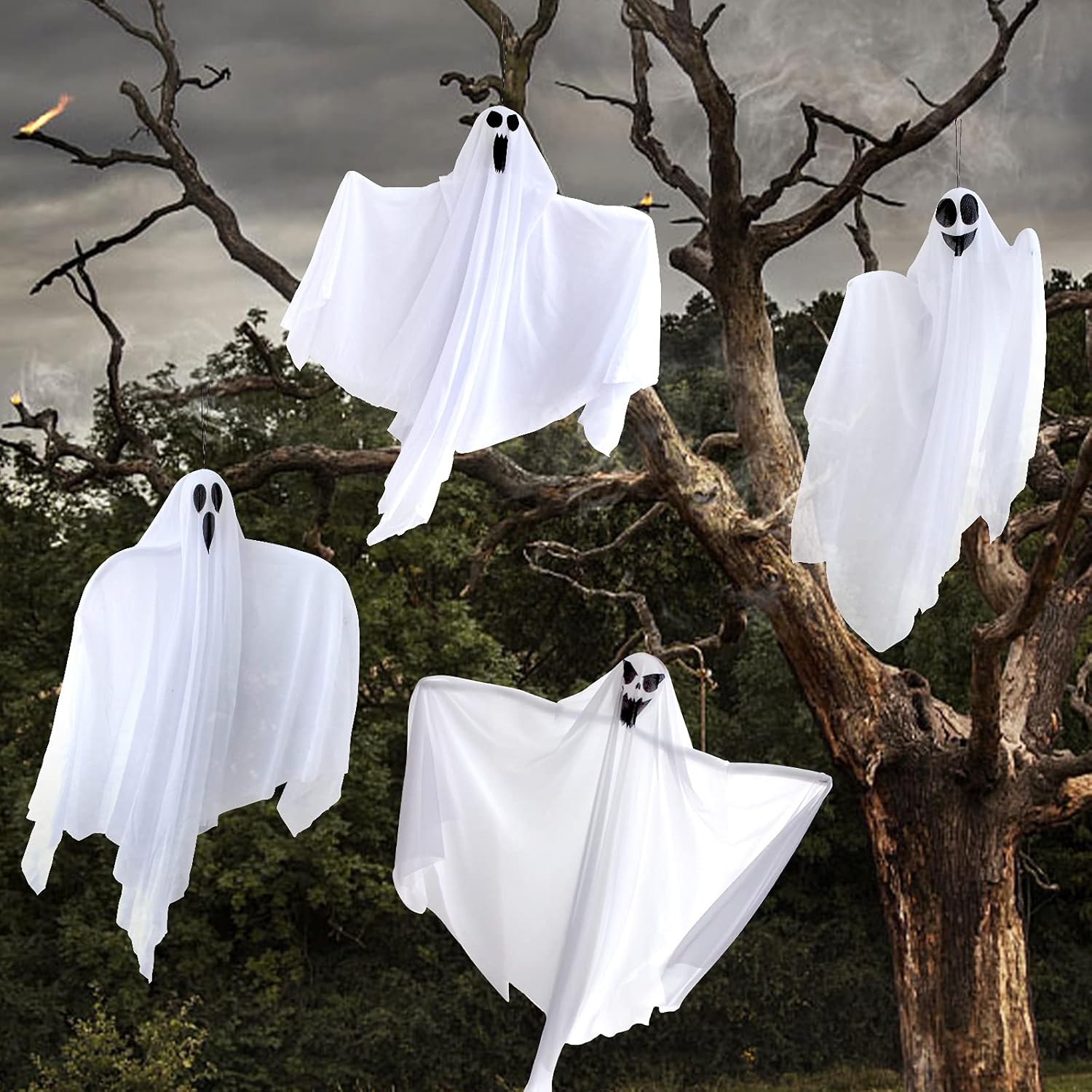 4 Pcs 31.5" Hanging Ghosts Halloween Decorations Outdoor, Hanging Ghosts Halloween Decor for Garden Yard Patio Lawn