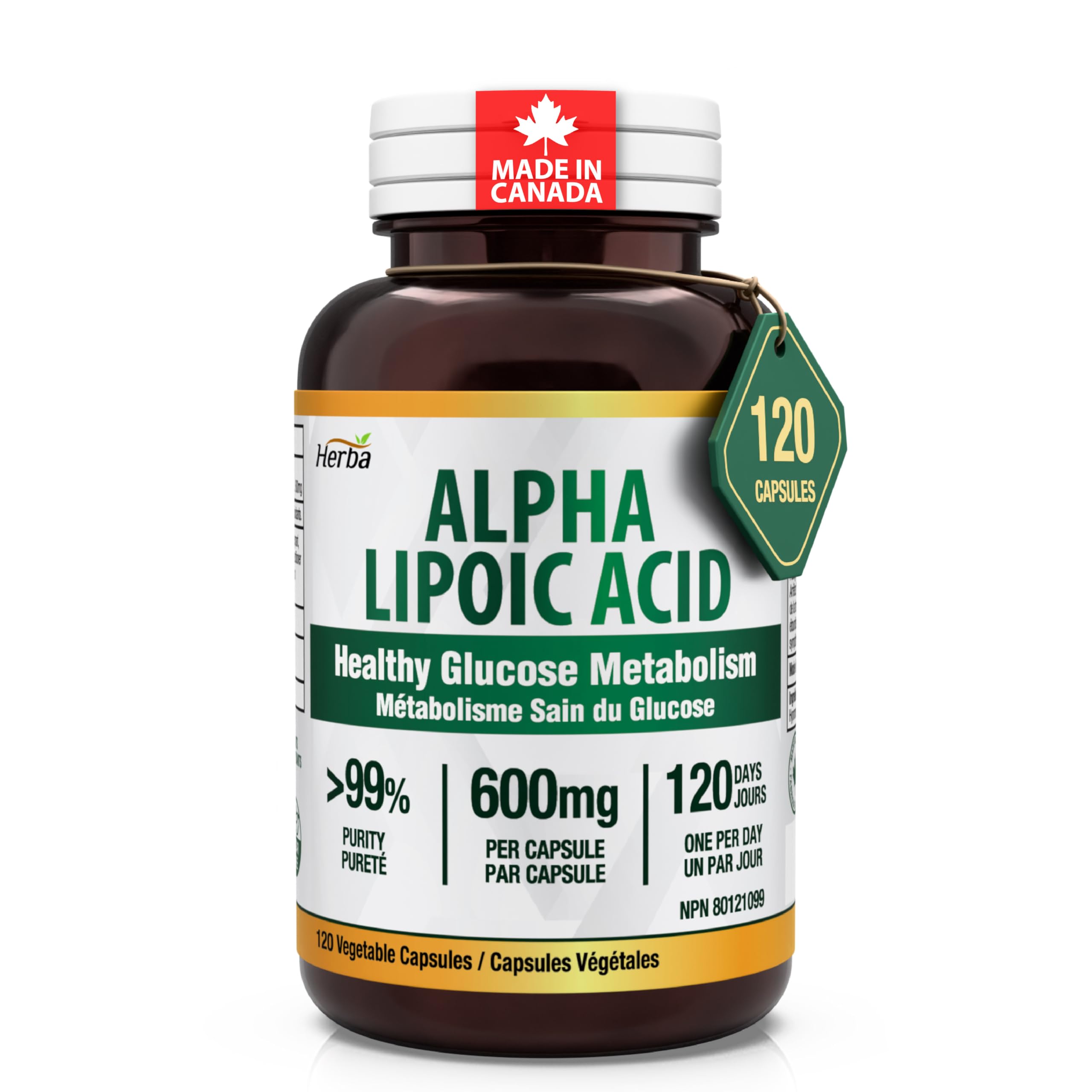 Herba Alpha Lipoic Acid 600mg – 120 Capsules | >99% Ultra Pure | Made in Canada | Blood Sugar Support Supplement