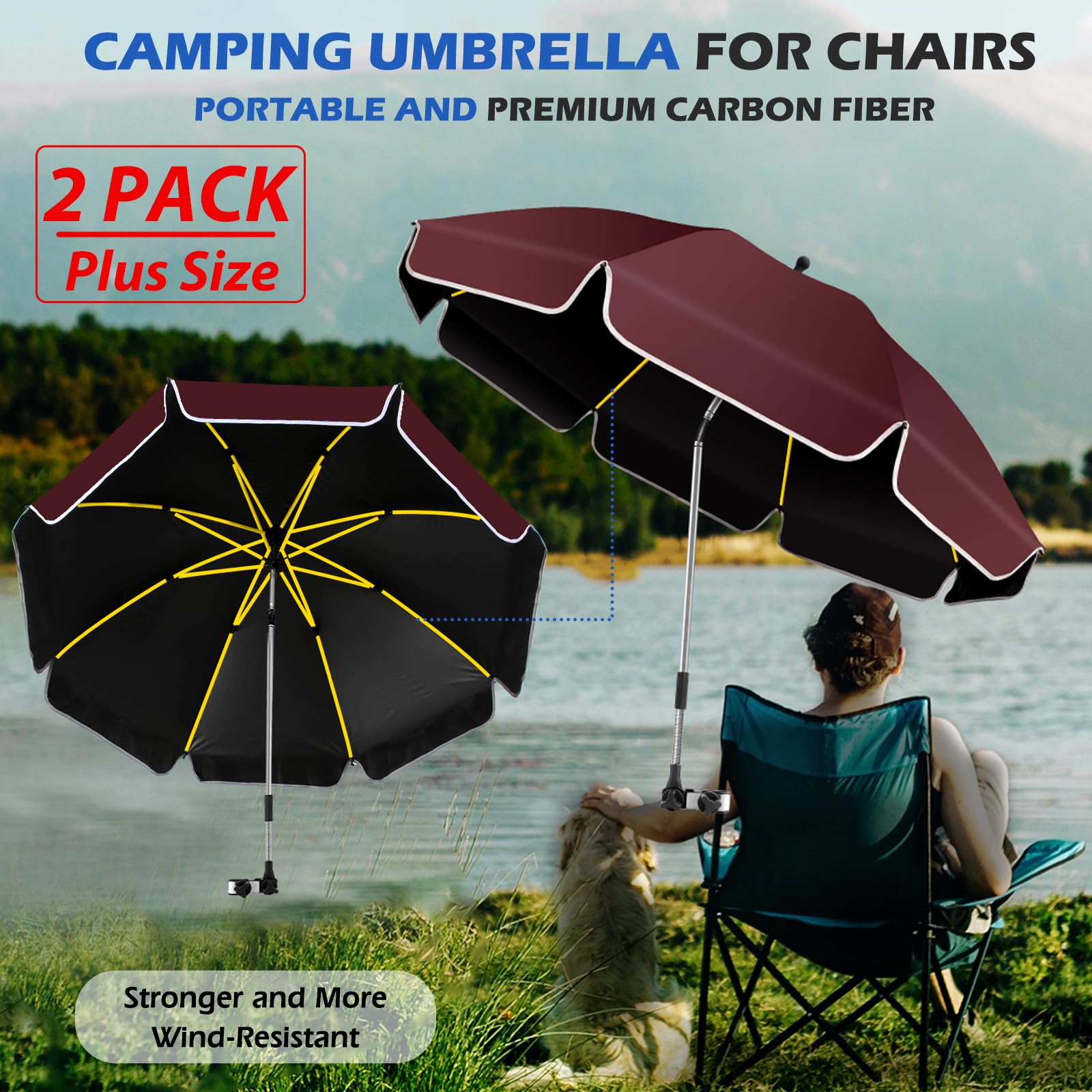 Lot de 2 parasols de 124 cm pour chaise de plage avec pince, protection UV UPF50+, protection solaire rotative à 360°, parasol portable pour chaise de plage, camping, golf