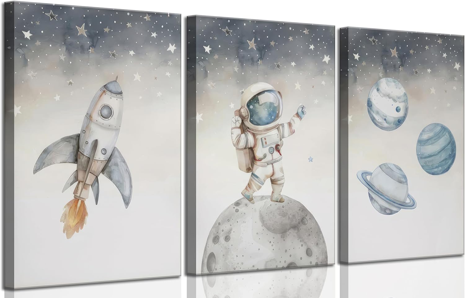 3 Pcs Space Nursery Canvas Wall Art Whimsical Outer Space Astronauts Kid Painting Pictures Wall Decor Poster Print Artwork for Boys Room Girls Room Kids Room Decoration
