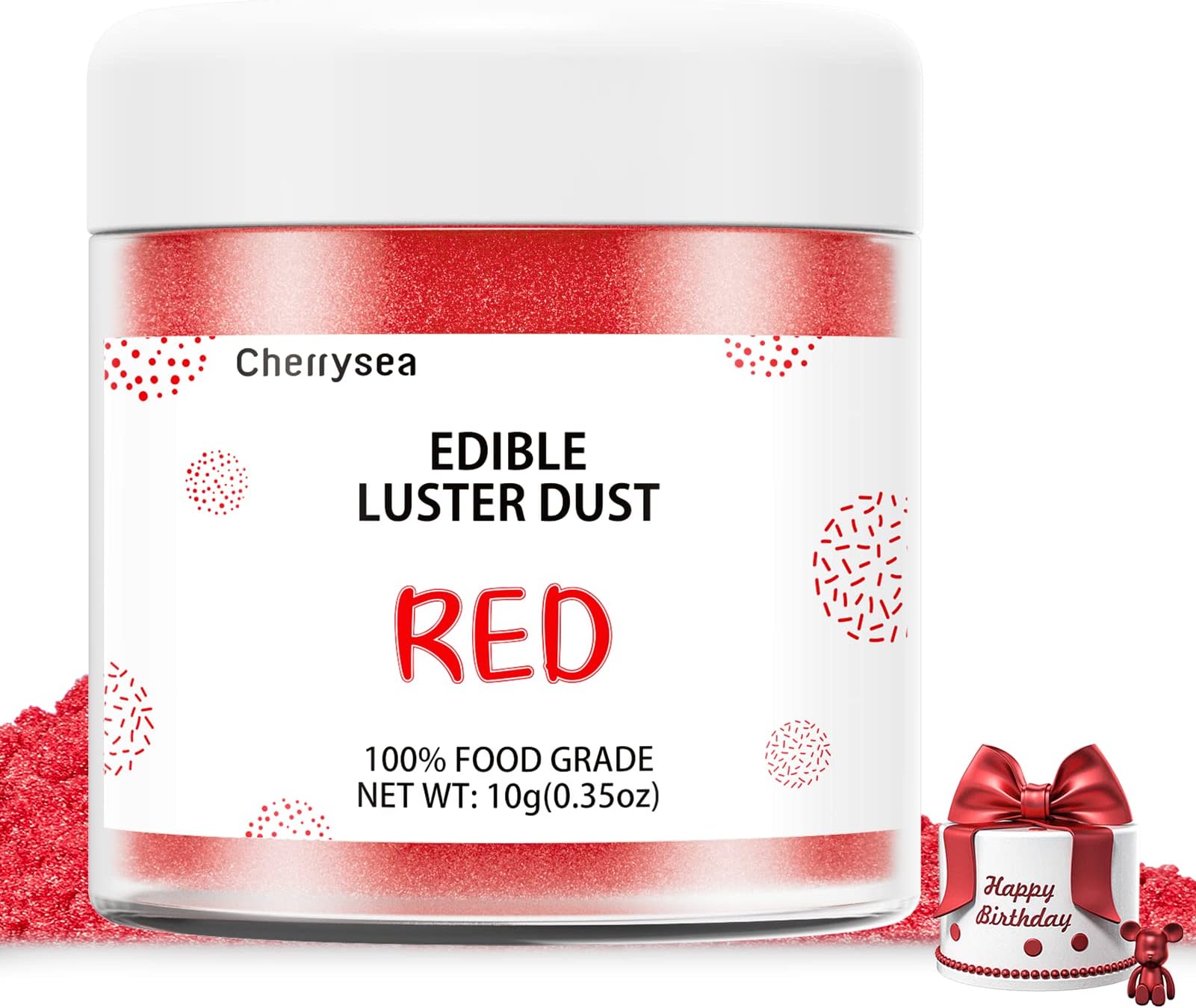 Red Edible Luster Dust 10 Grams, Food Grade Cake Luster Dust Tasteless Dessert Dusting Powders for Baking Cherrysea Food Coloring Powder for Cupcakes, Cake Pops,Fondant,Chocolate, Candy