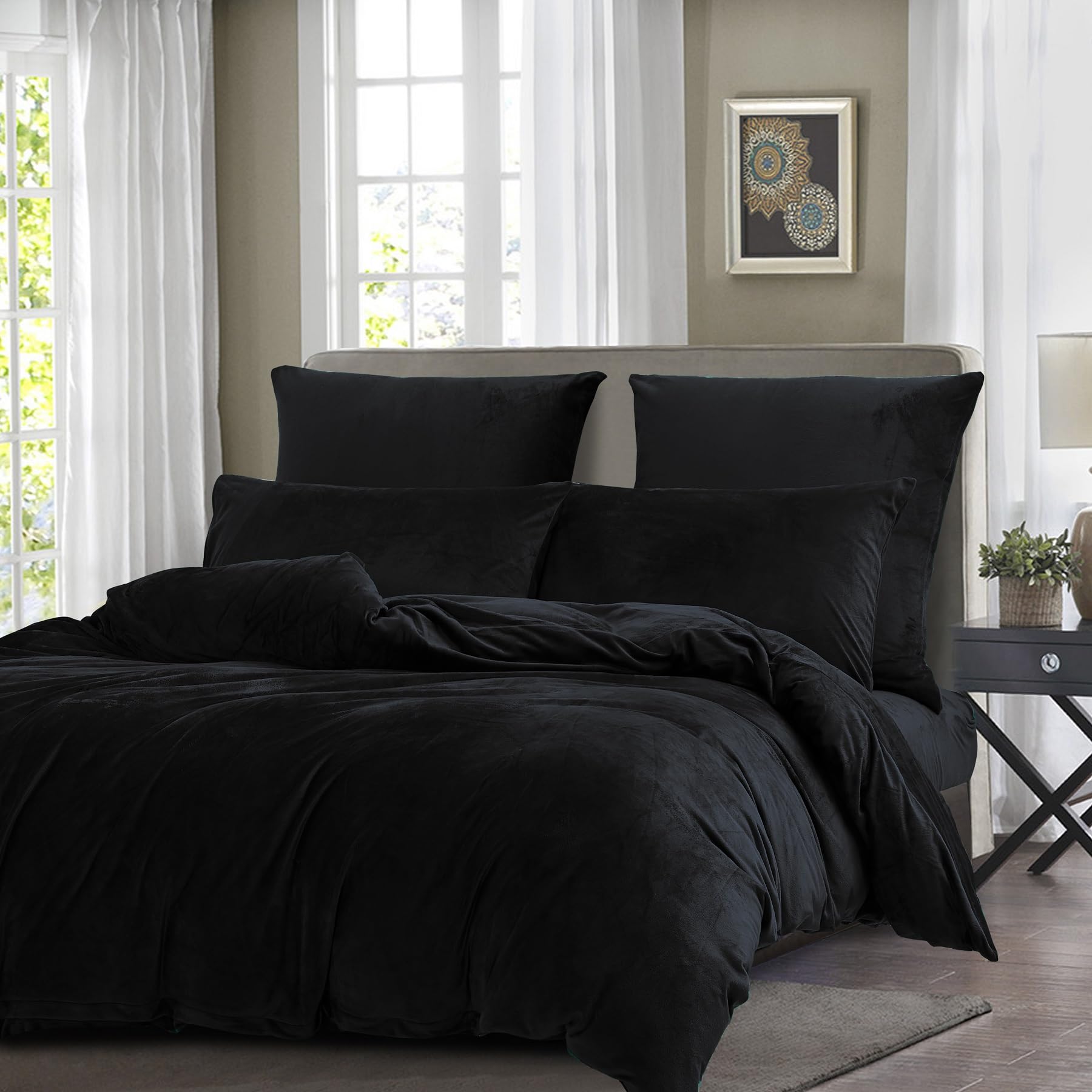 Housse de Couette Flanelle 200x200 Hiver Chaude Noir Polaire