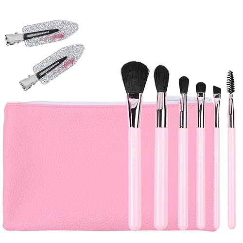 Petite N Pretty Essential - Juego de brochas para sombra de ojos con pinzas de pato, bolsa de maquillaje rosa, 6 pinceles de artista y accesorios