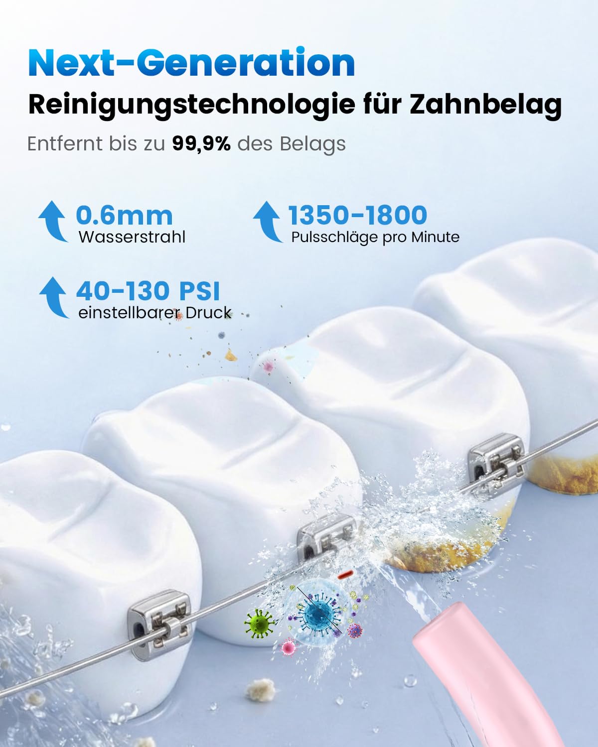 JTF Irrigador Bucal Eléctrico 300ML, 3+1 Modos Irrigador Dental, 6 Boquillas IPX7 Portatil Limpiador Dental para Ortodoncia/Encías Sensibles -Limpieza Dientes de Hogar Entusiastas Salud Ora(Rosa) - 4