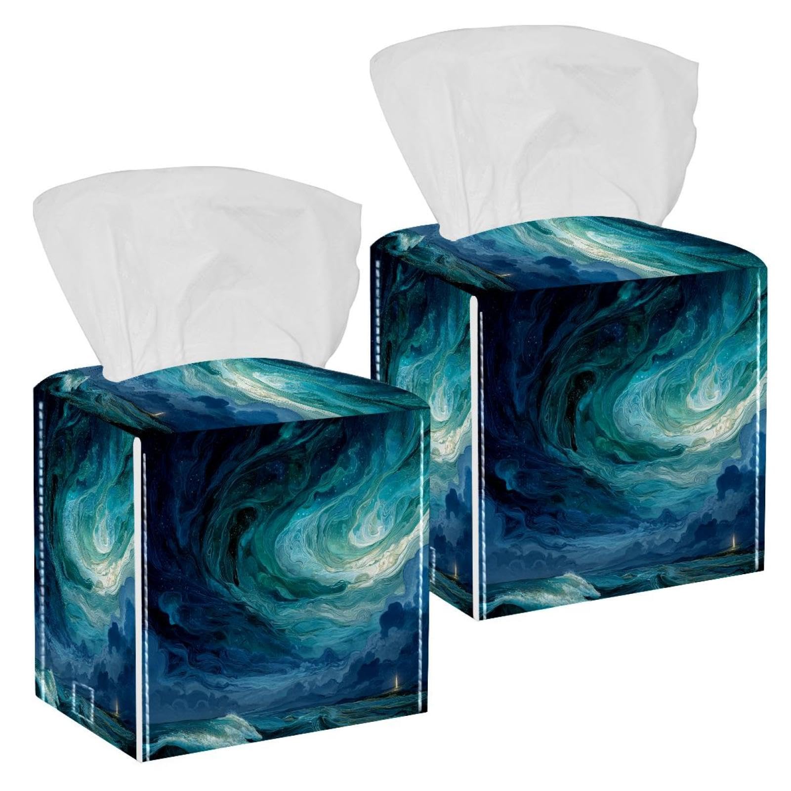 Clouds and Sea Tissue Box Cover, 2 Pack PU Leather Square Facial Tissue Dispenser Box holder for Home Office Car