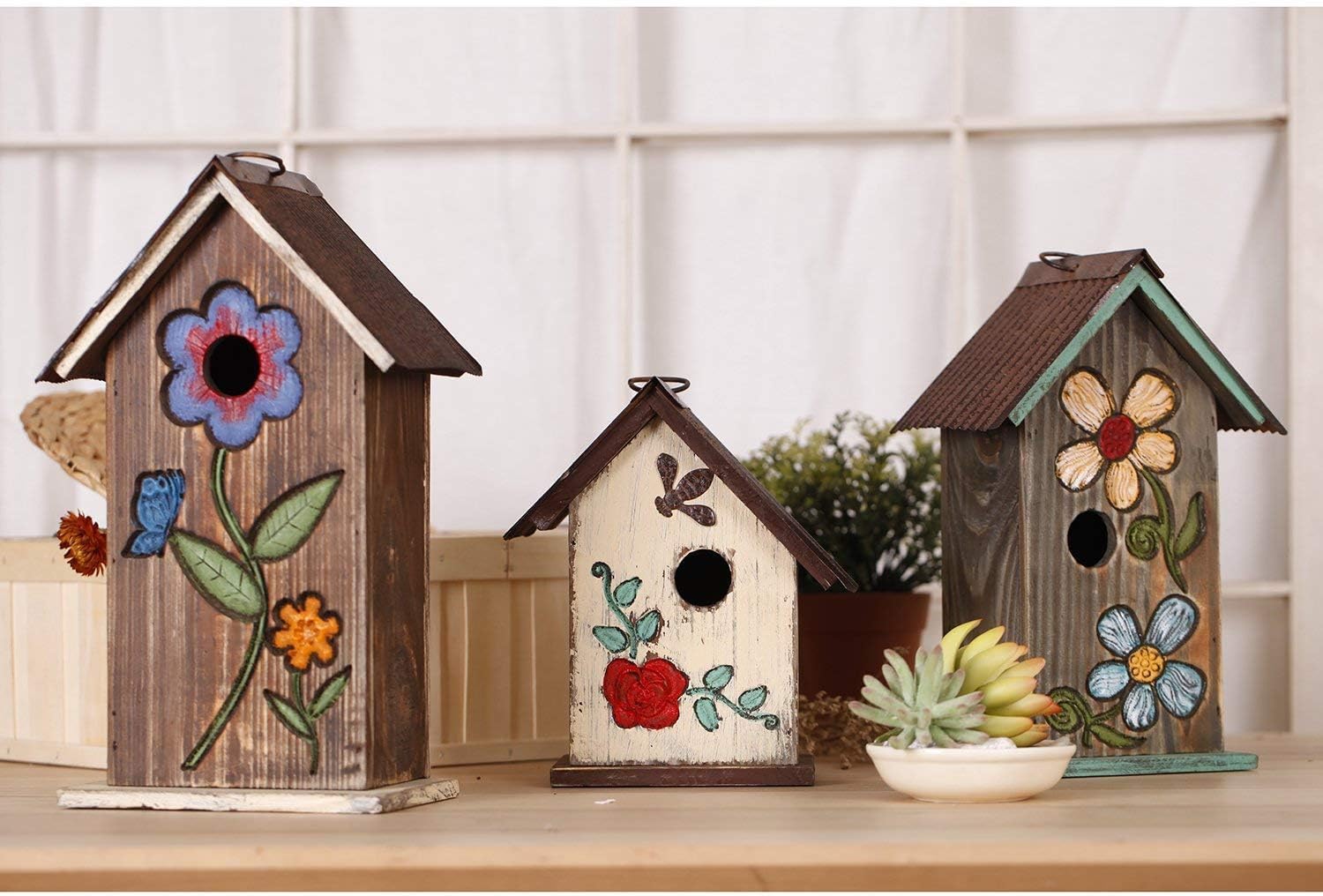 Bird House Wooden Carved Floral Birdhouse with Hanging,White Hanging Bird House for Outside thumbnail