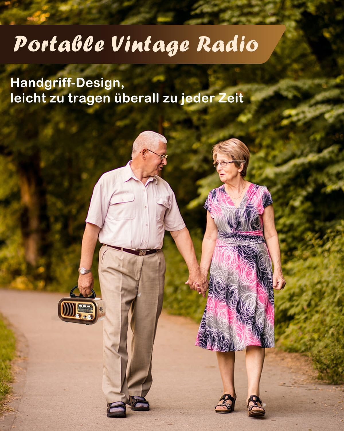 Retro Radio mit Bluetooth, AM/FM/SW Tragbares Radio, Kofferradio mit 1200mAh Akku und D-Batterien, USB/TF/TWS, Vintage Radio für Küche, Zuhause, Garten und Camping