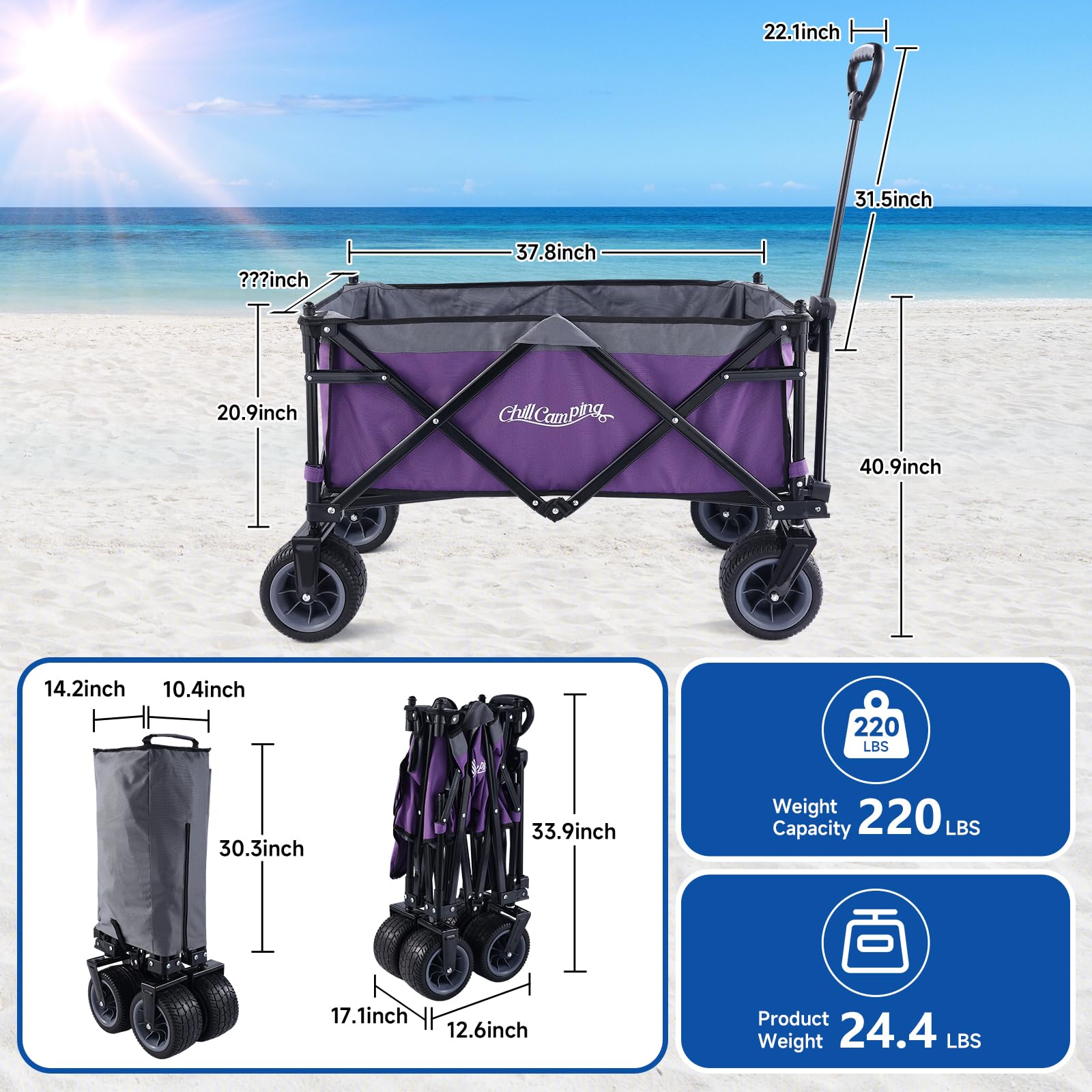 Carrello Pieghevole Da Spiaggia Con Baldacchino – Ruote Grandi Per Sabbia, Colore Viola – Per Campeggio, Giardino E Sport - 6