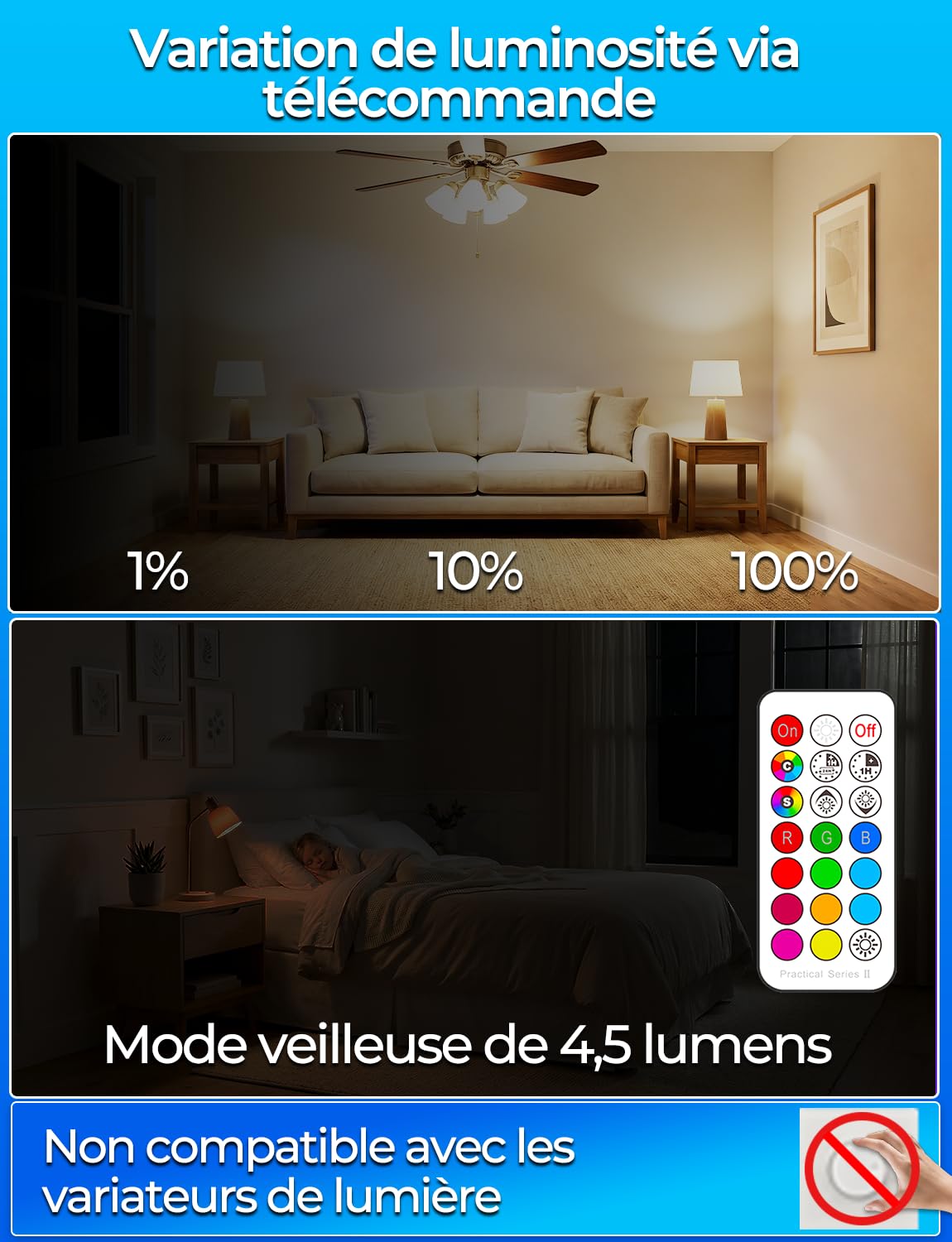 iLC Ampoule Couleur LED, Équivalent 40W, E27 Telecommande Blanc Chaud (2700K) Changement de couleur Ampoule 5W - RGB 12 choix de couleur - Edison Screw (Lot de 4)